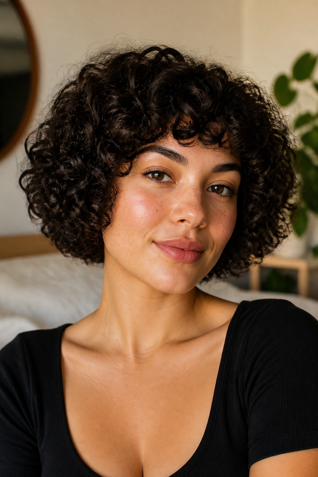 Close-up of a real woman with a rounded curly bob in warm window light