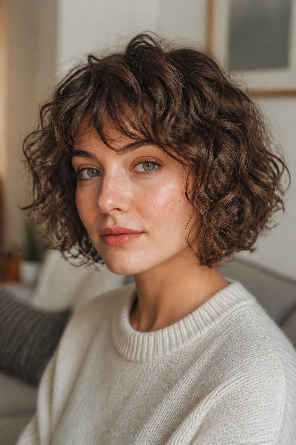 Close-up portrait of a real woman with a rounded curly bob and diffused fringe, warm natural light