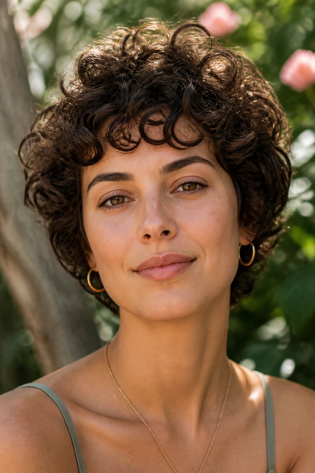 Portrait of a real person with a rounded curly crop hairstyle