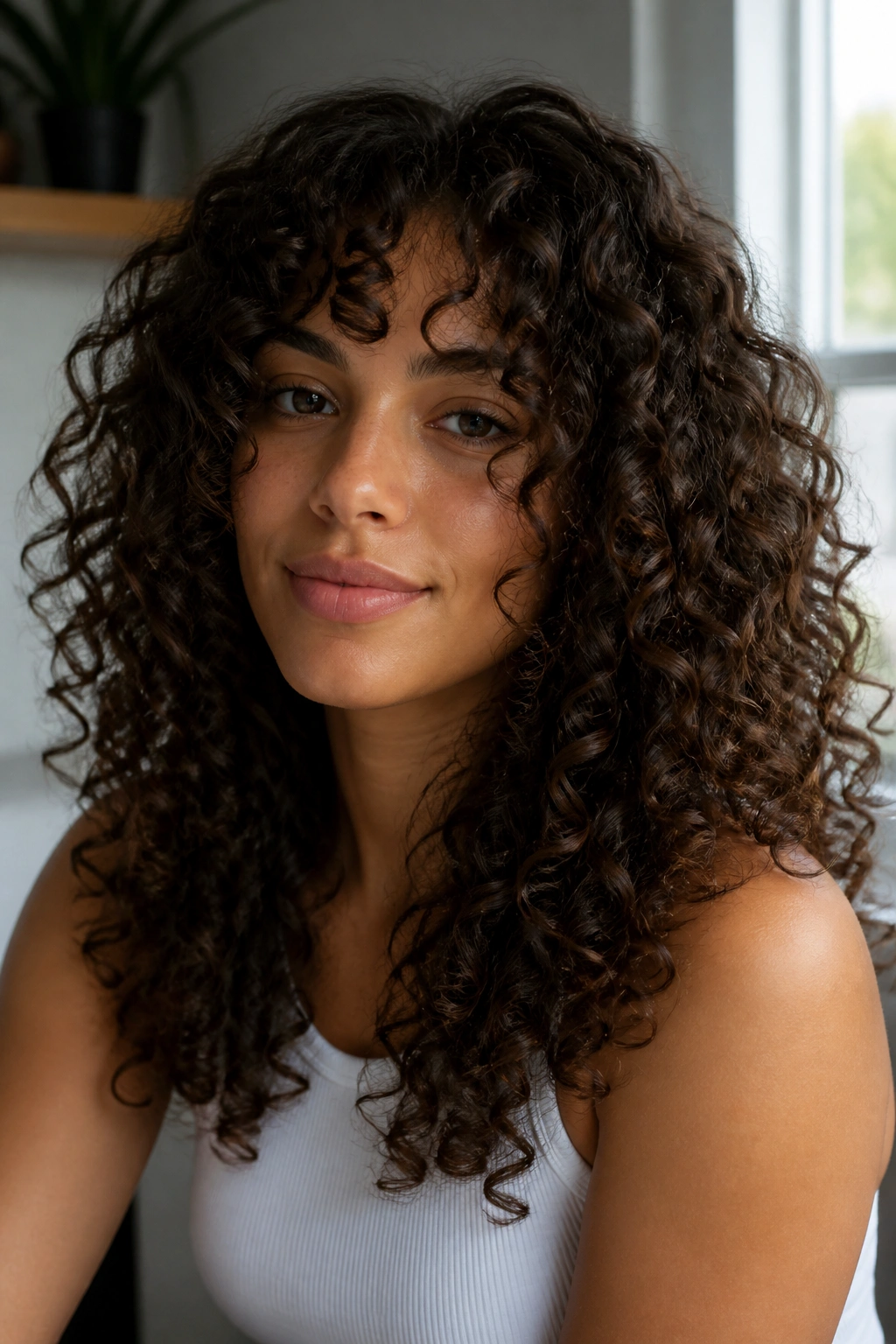 Close-up of a real person with a rounded long curly cut showcasing cushiony volume