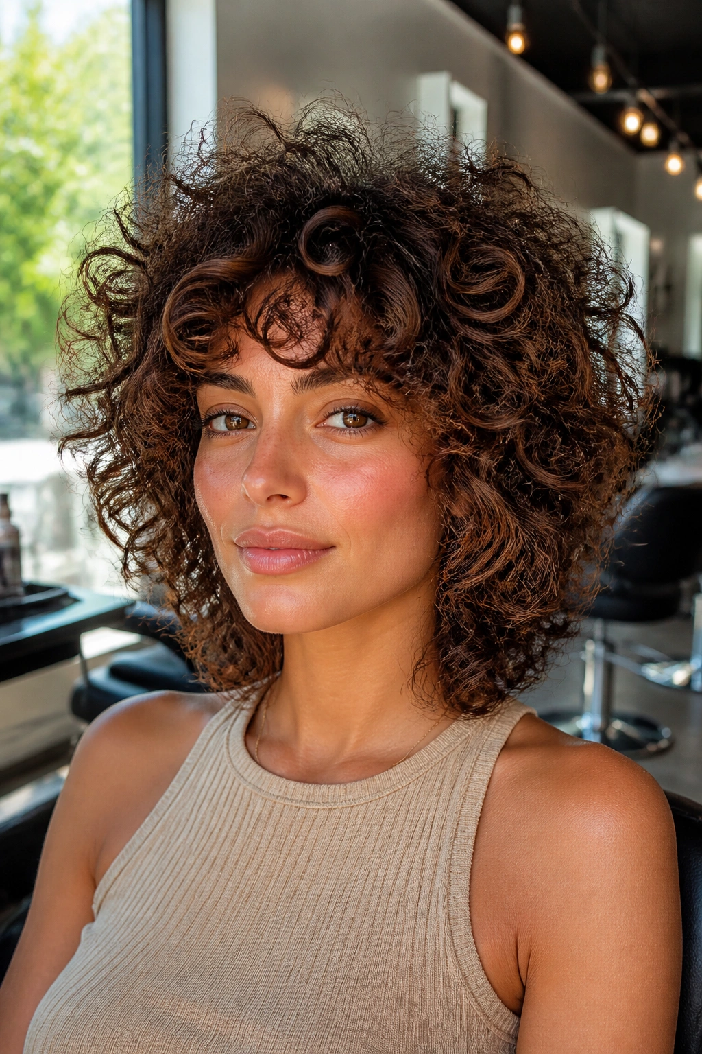 Close-up of a woman with rounded curly shag under natural salon lighting