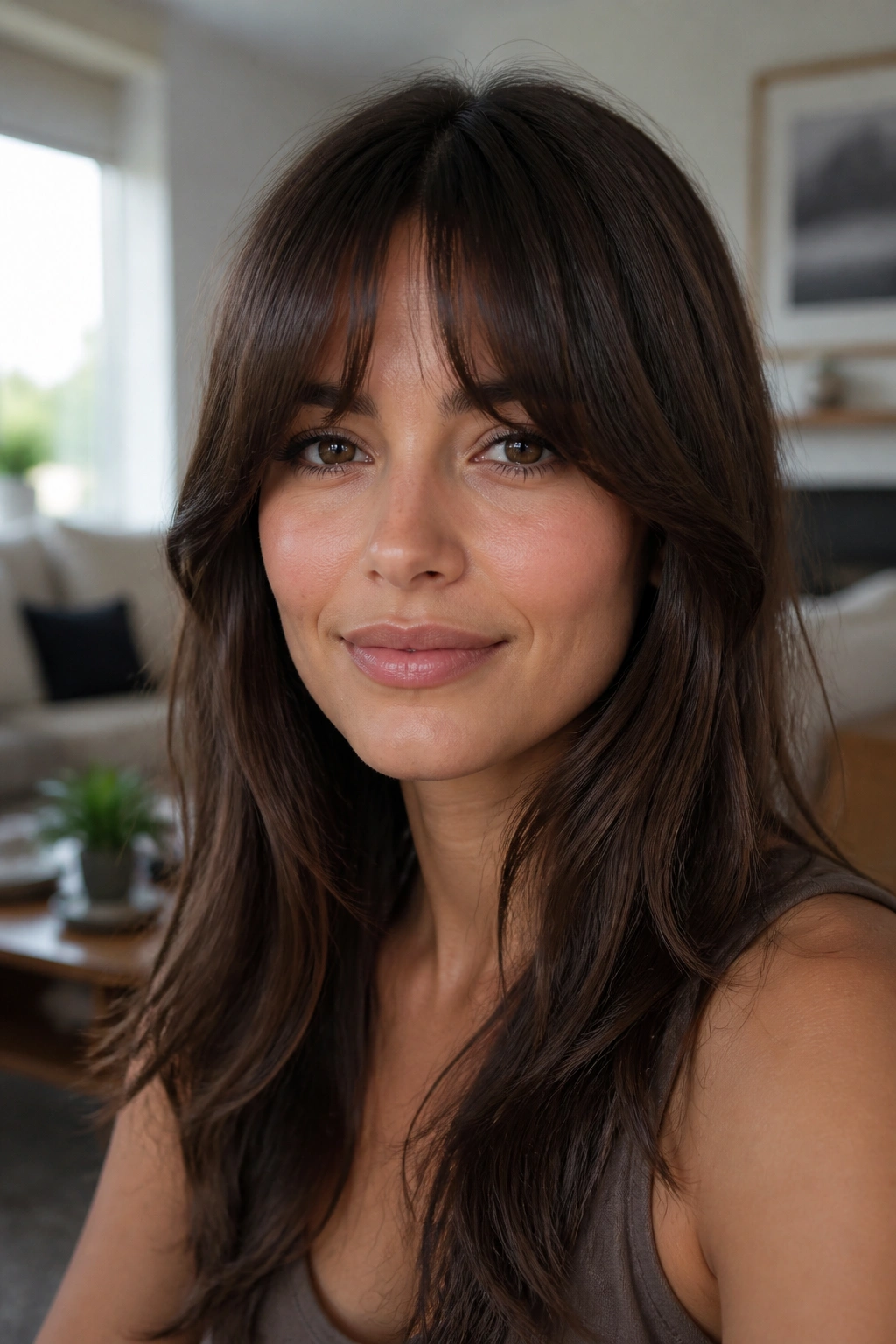 Close-up portrait of a real woman with rounded curtain bangs on an oval/long face