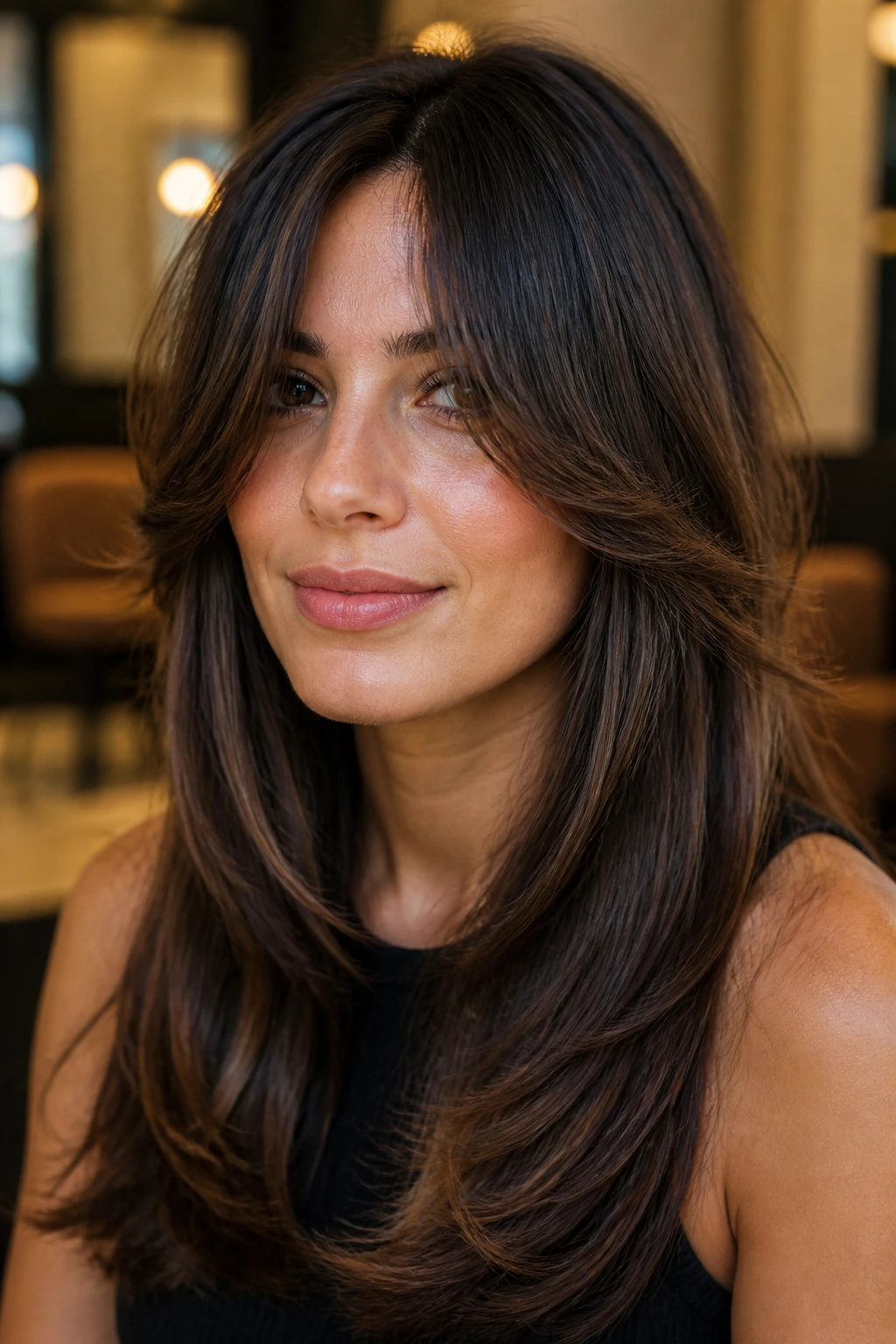 Close-up portrait of a real woman with rounded curtain fringe and movement.