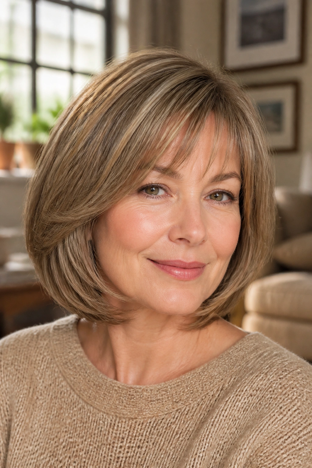 Close-up of a real person with a rounded cut and softly curved layers.