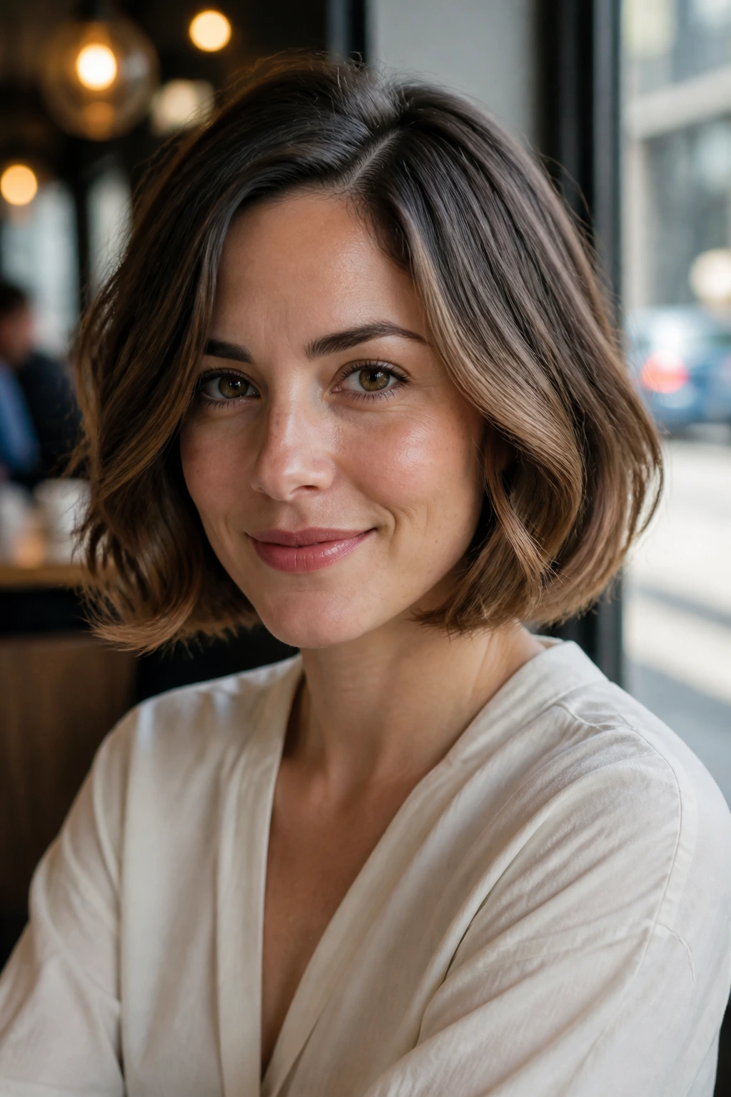 Real woman with rounded-edge bob and controlled fullness