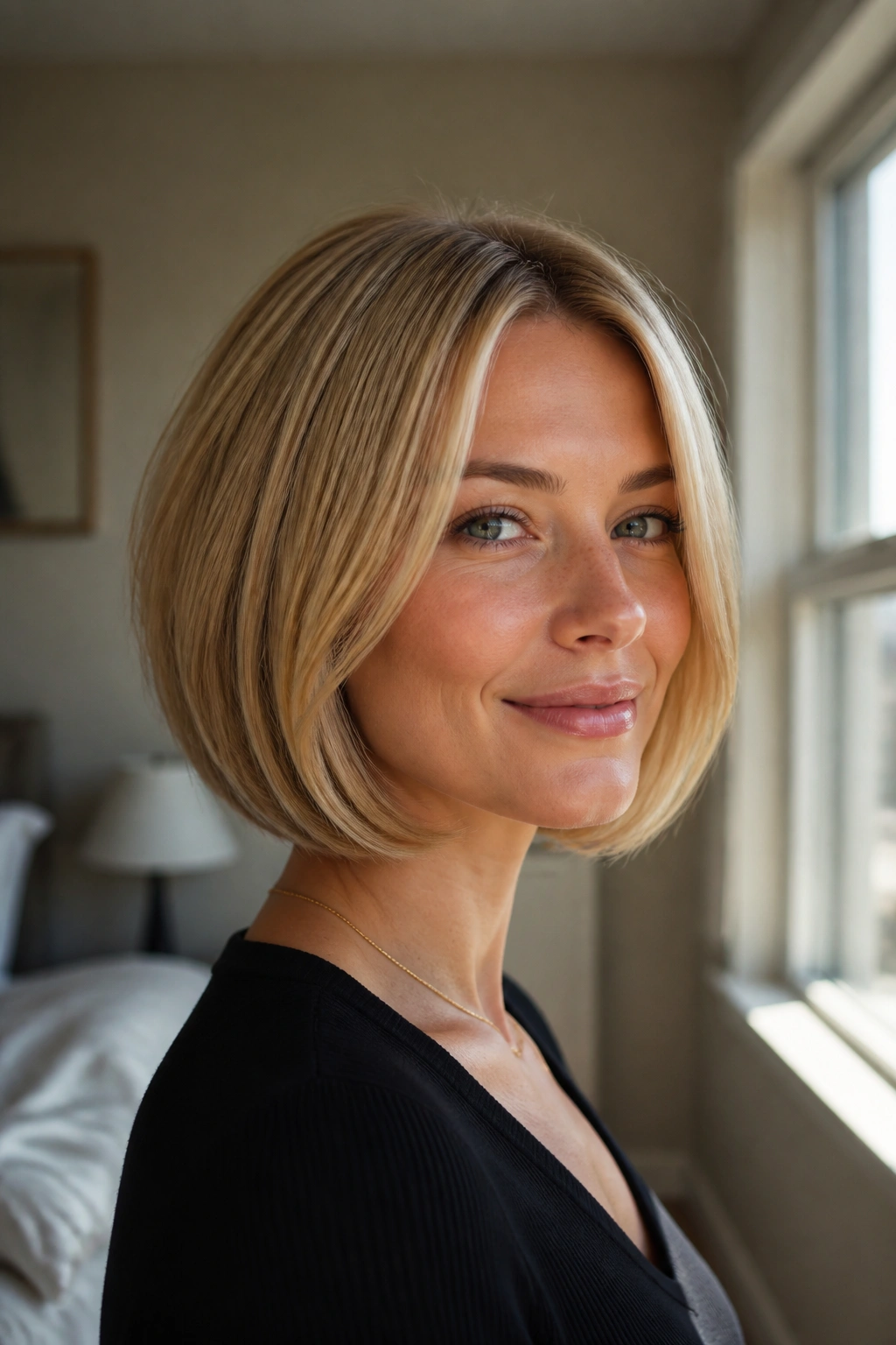 Close-up portrait of a woman with rounded-edge bob and soft graduation in beige-pale gold blond.