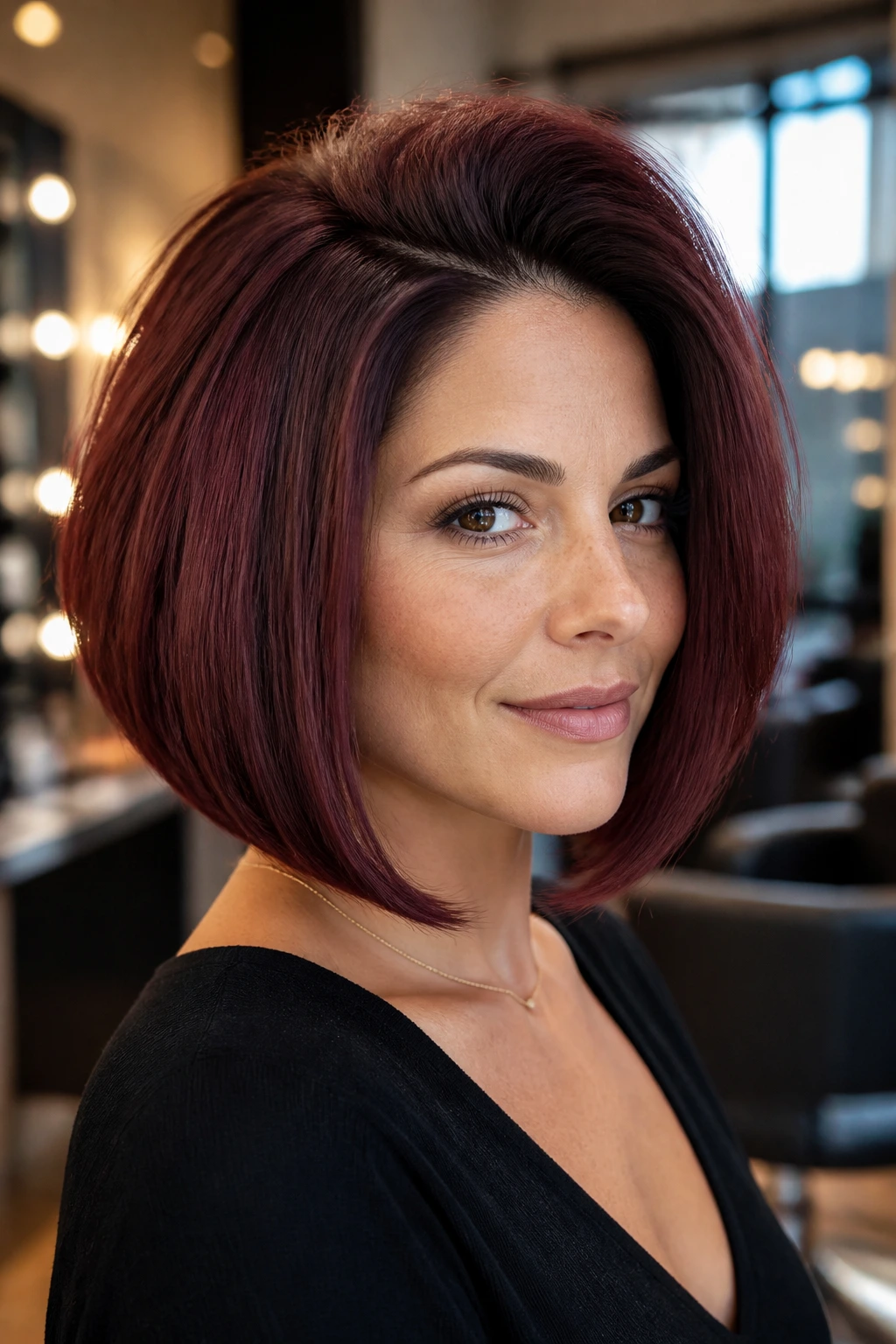 Close-up of rounded-edge burgundy bob with crown volume on a real woman, warm light