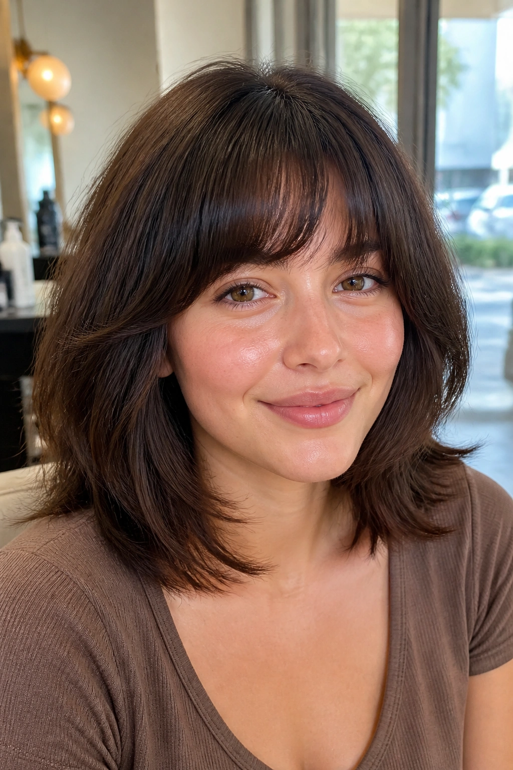 Close-up of a real woman with rounded-edge inverted bangs in sunlit salon