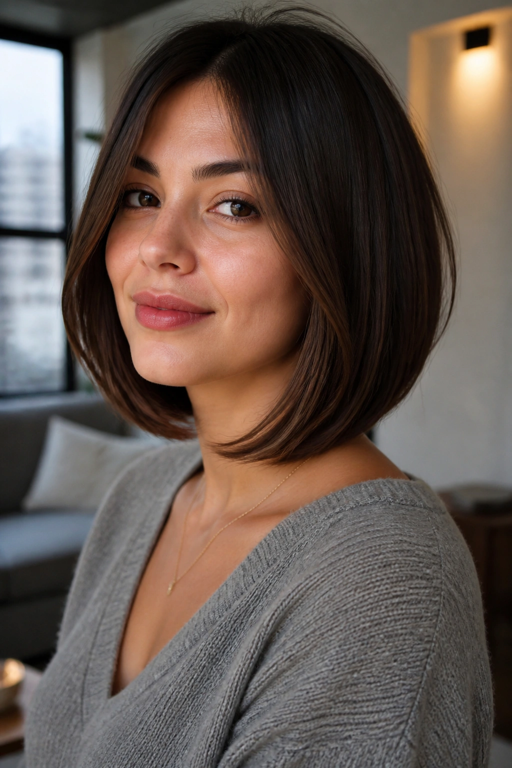 Close-up of a real woman with a rounded-edge lob against a soft window-lit background