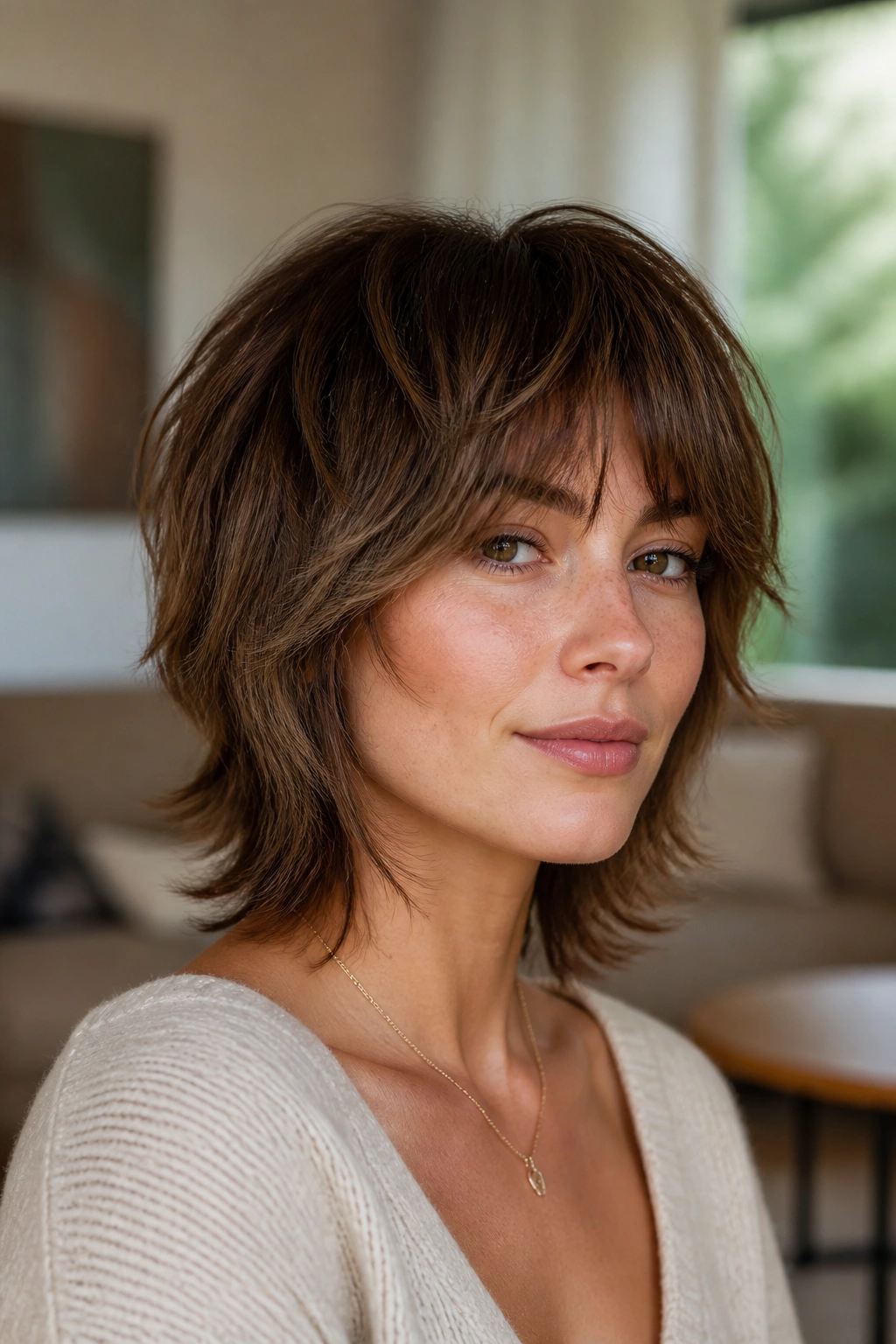 Real woman with rounded-edge shag and razored ends framing her cheeks
