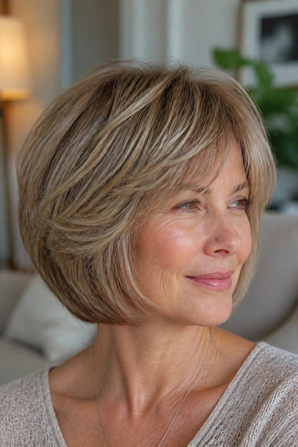Close-up portrait of a woman with a rounded feathered bob in a cozy room