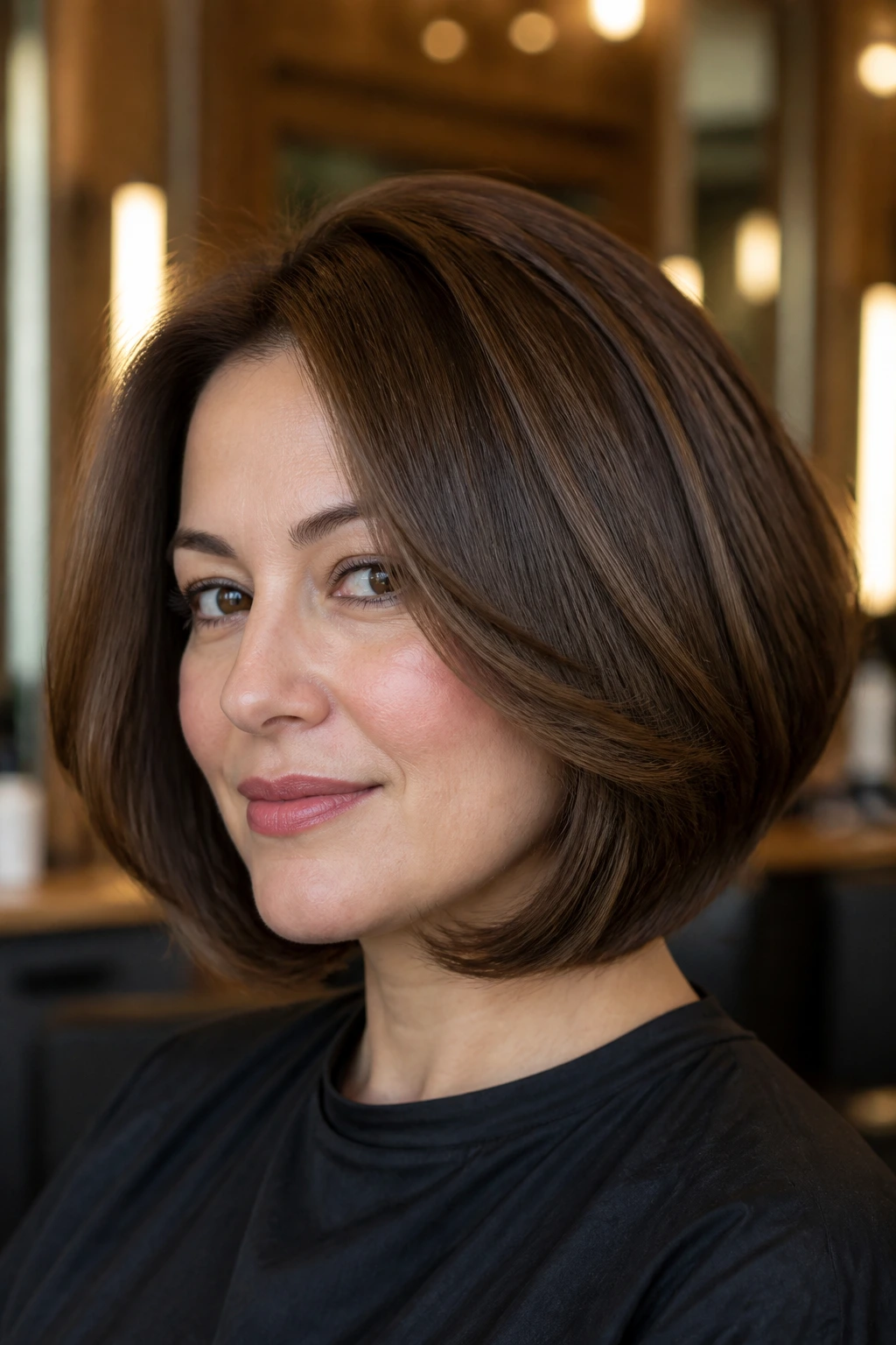 Close-up of a real person with rounded feathered bob and tucked-under ends.