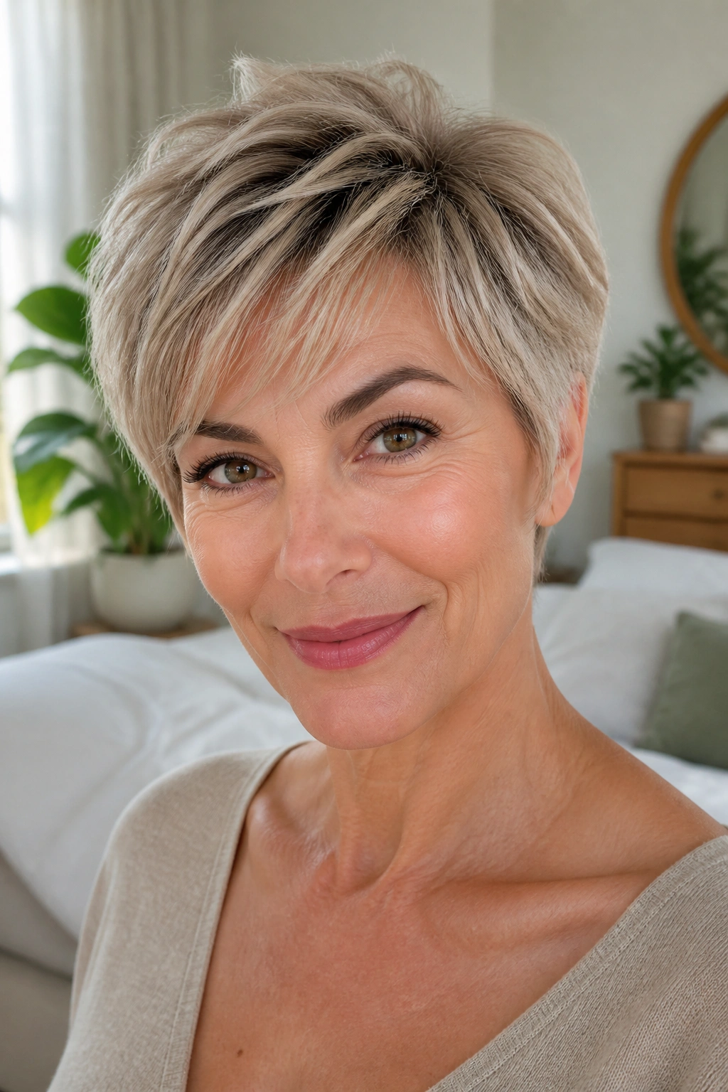 Real woman with rounded feathered pixie and soft volume in bright daylight.