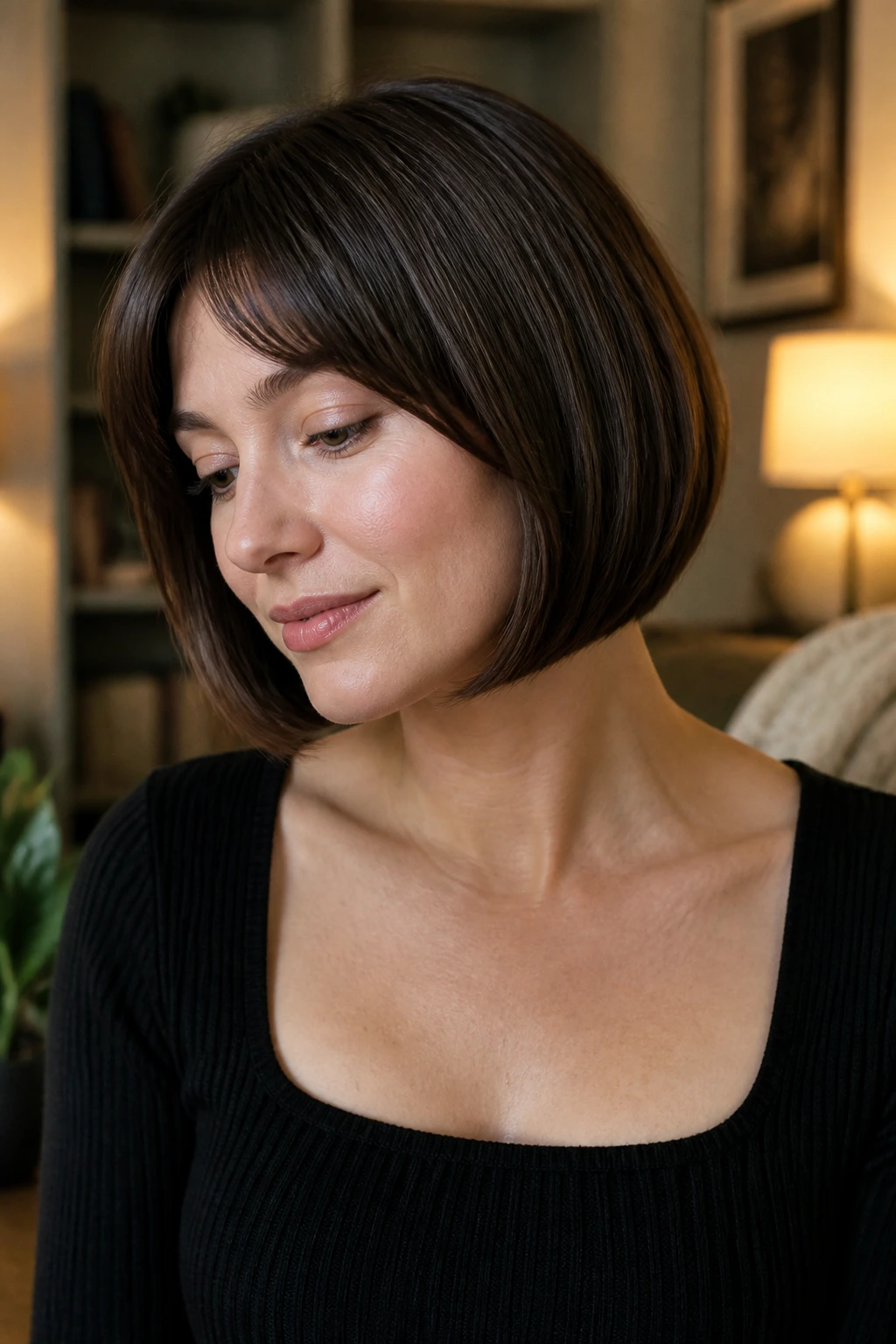 Close-up portrait of a real woman with a rounded French bob