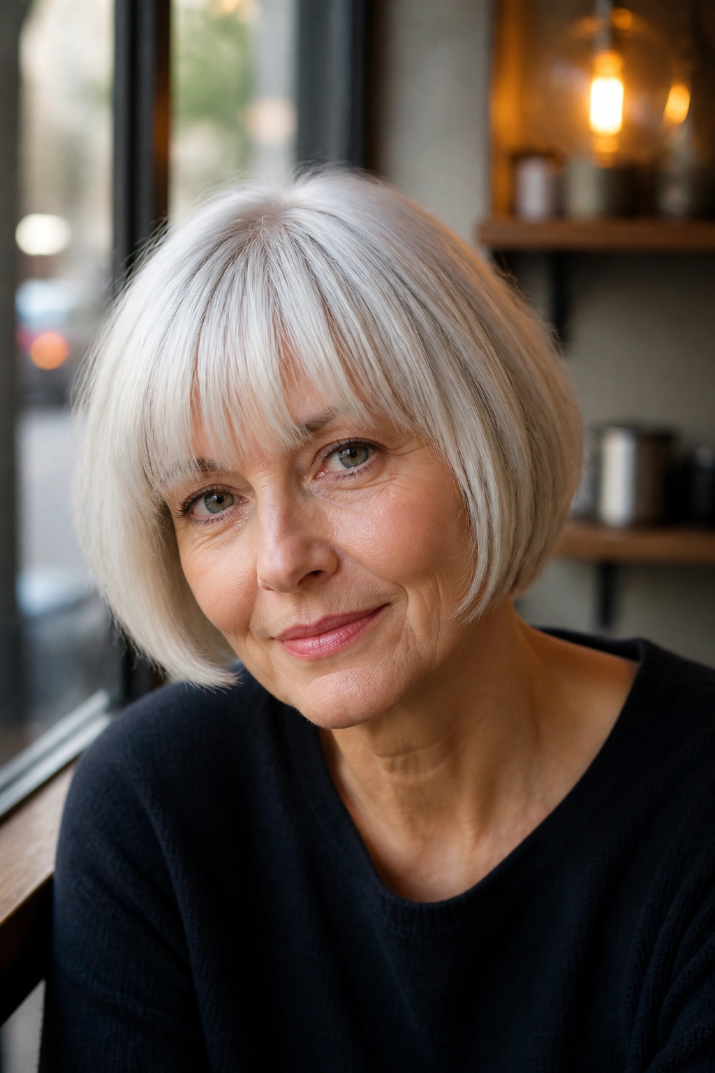 Portrait of a real person with rounded French bob and brow-grazing bangs in window light