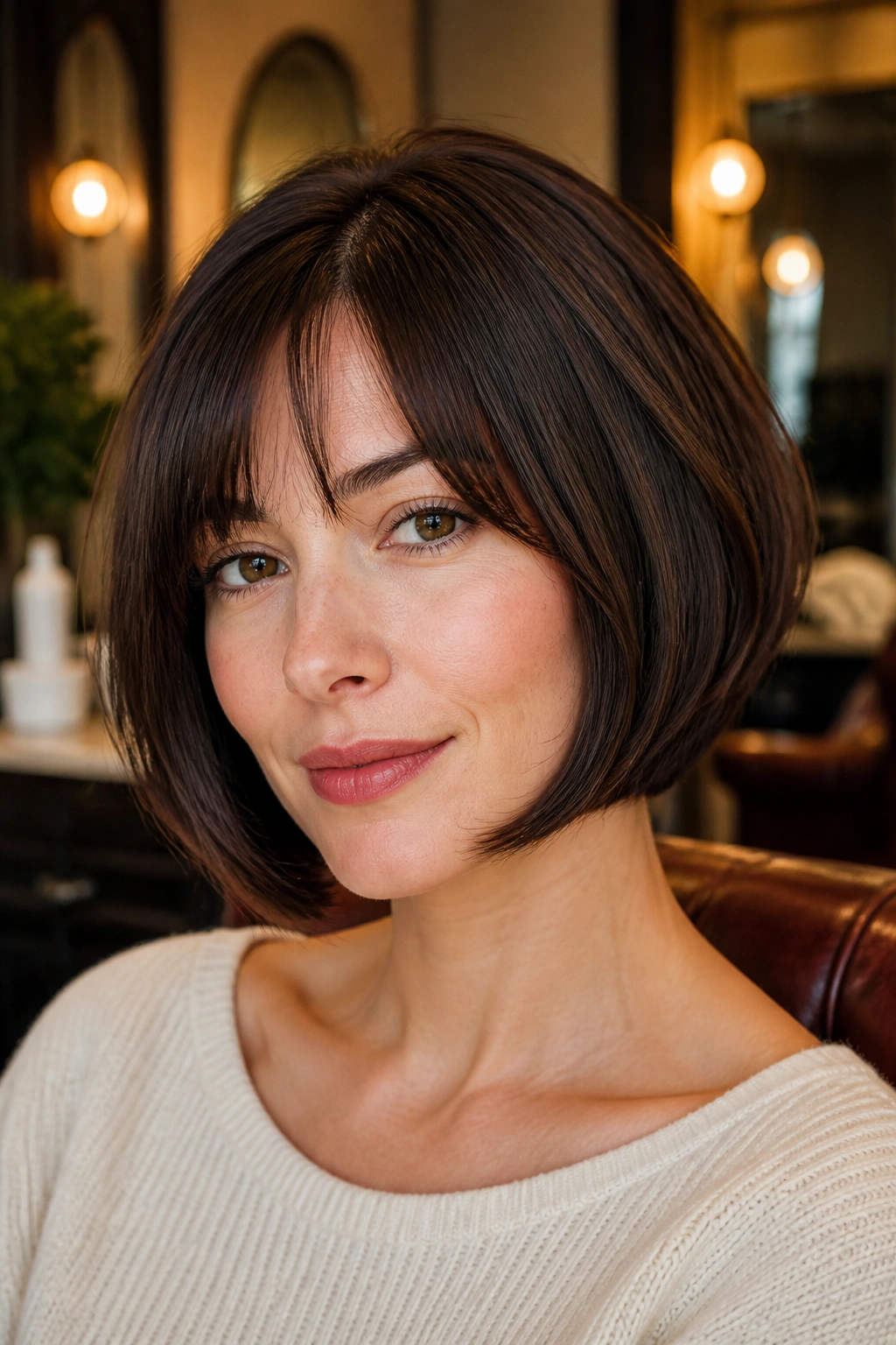 Close-up of a woman with rounded French bob in a cozy salon-like space