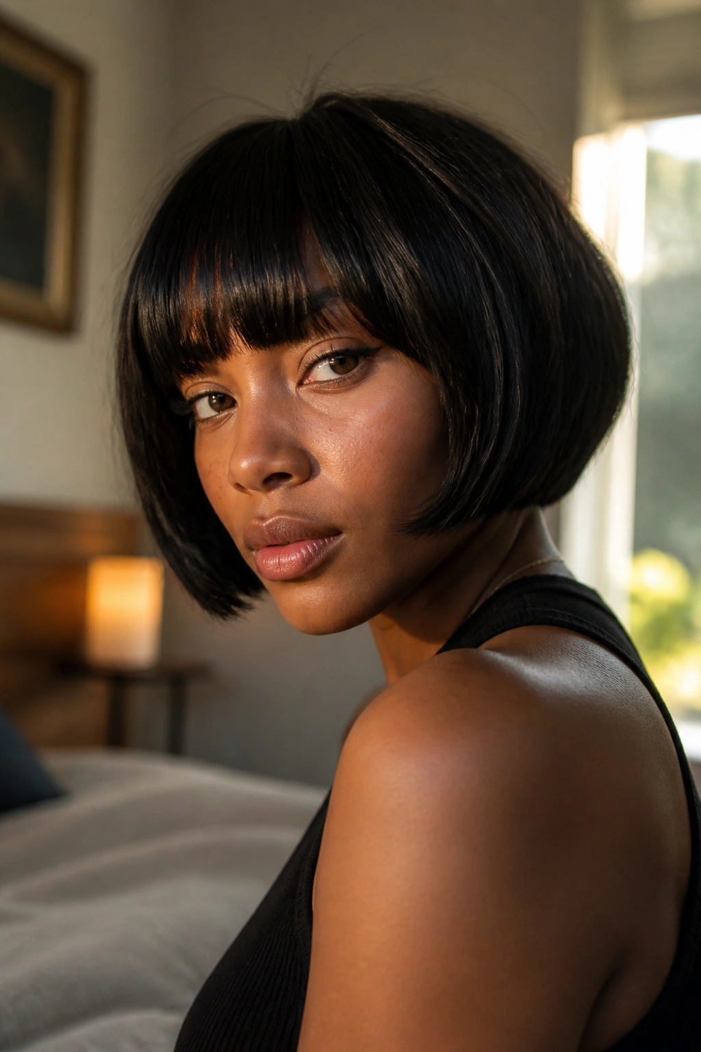 Close-up of a real woman with rounded French bob and fringe