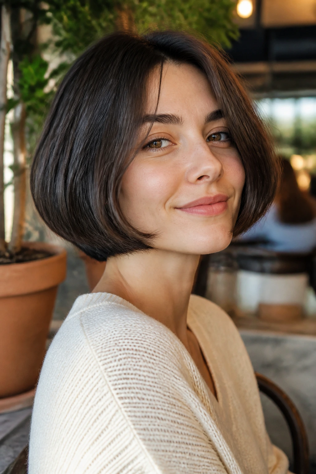 Close-up portrait of a real woman with rounded French bob and soft C-curve