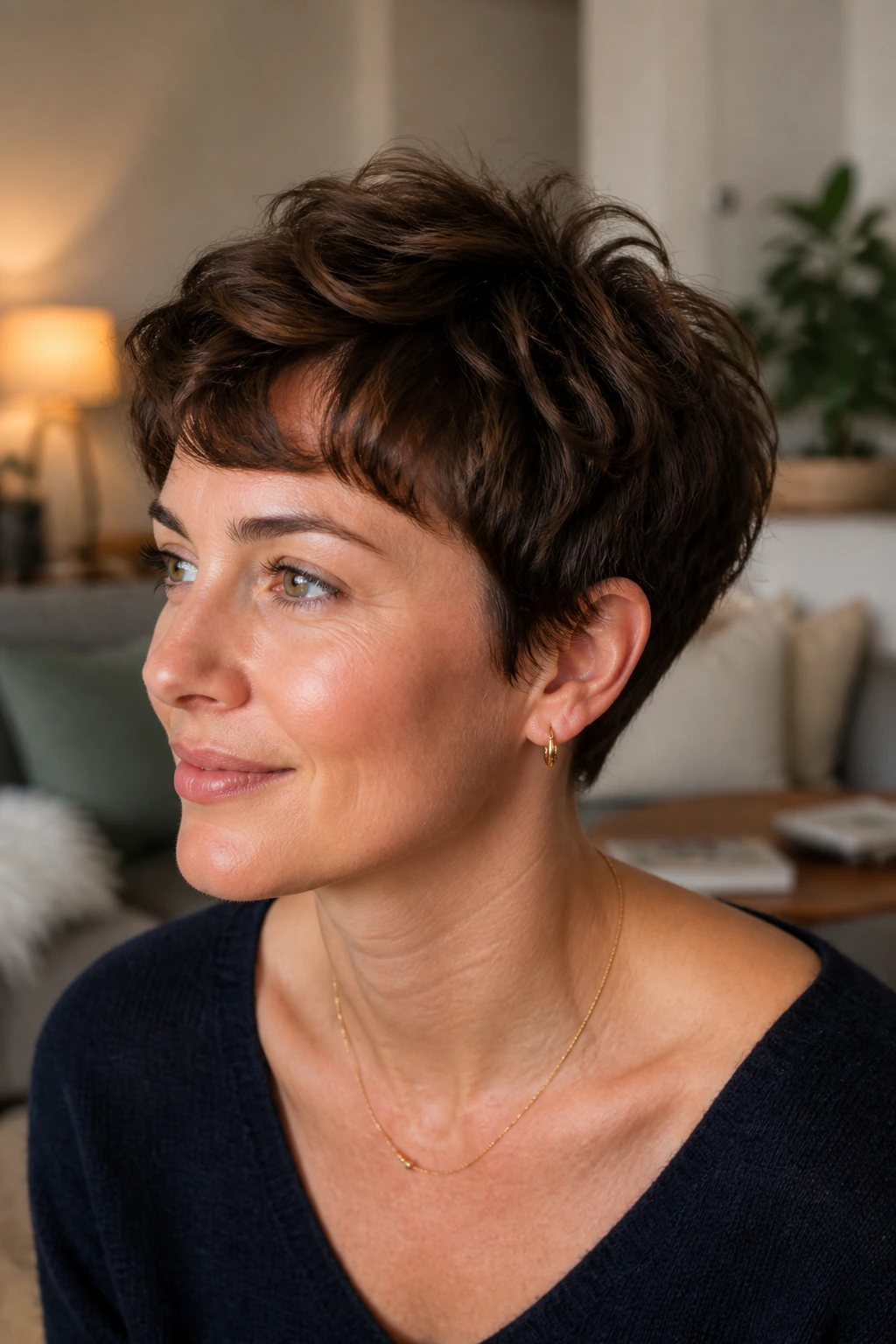 Close-up of a real woman with rounded French pixie hairstyle