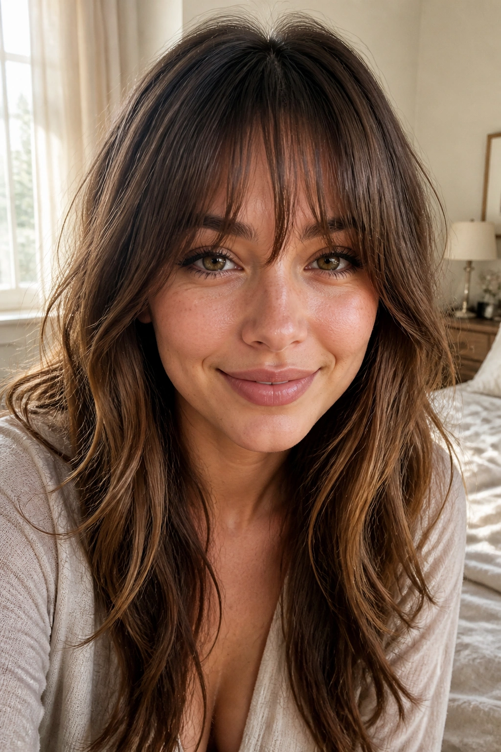 Close-up portrait of a real woman with rounded sides and longer center fringe.