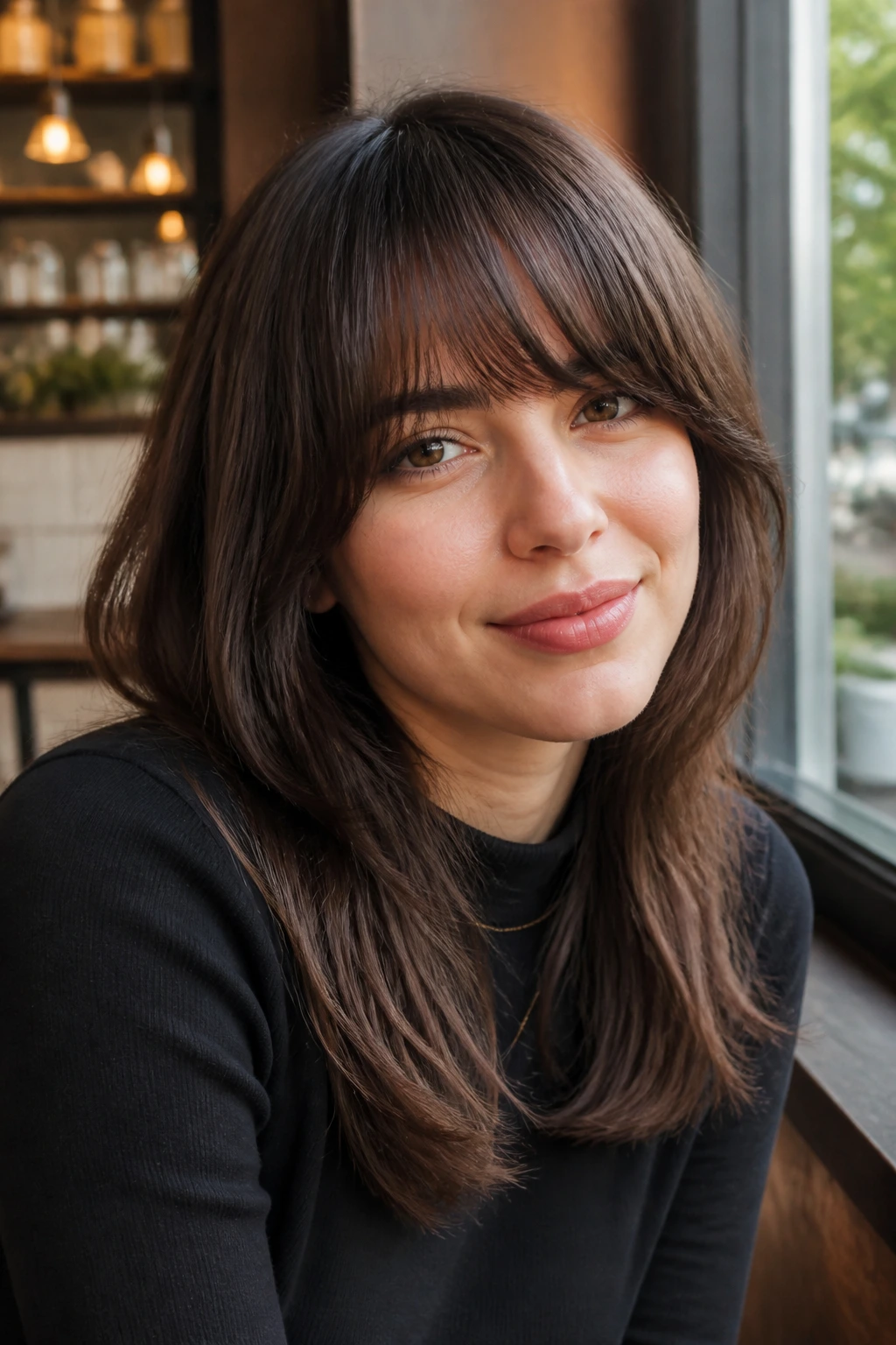 Close-up of brunette woman with rounded fringe and mid-length layers