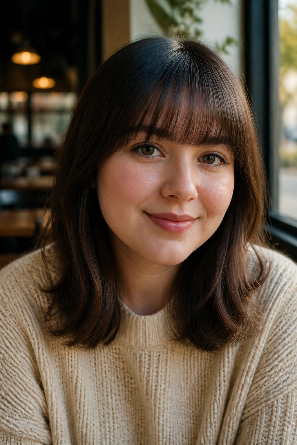 Close-up portrait of a real woman with rounded straight fringe in warm cafe daylight