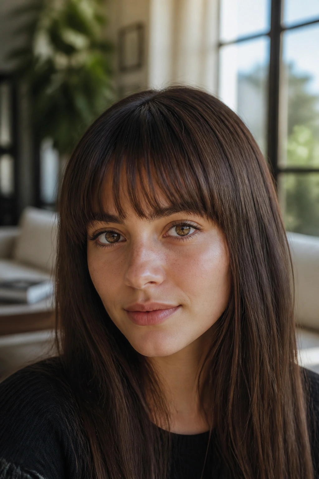 Close-up portrait of a real woman with rounded fringe under soft window light.