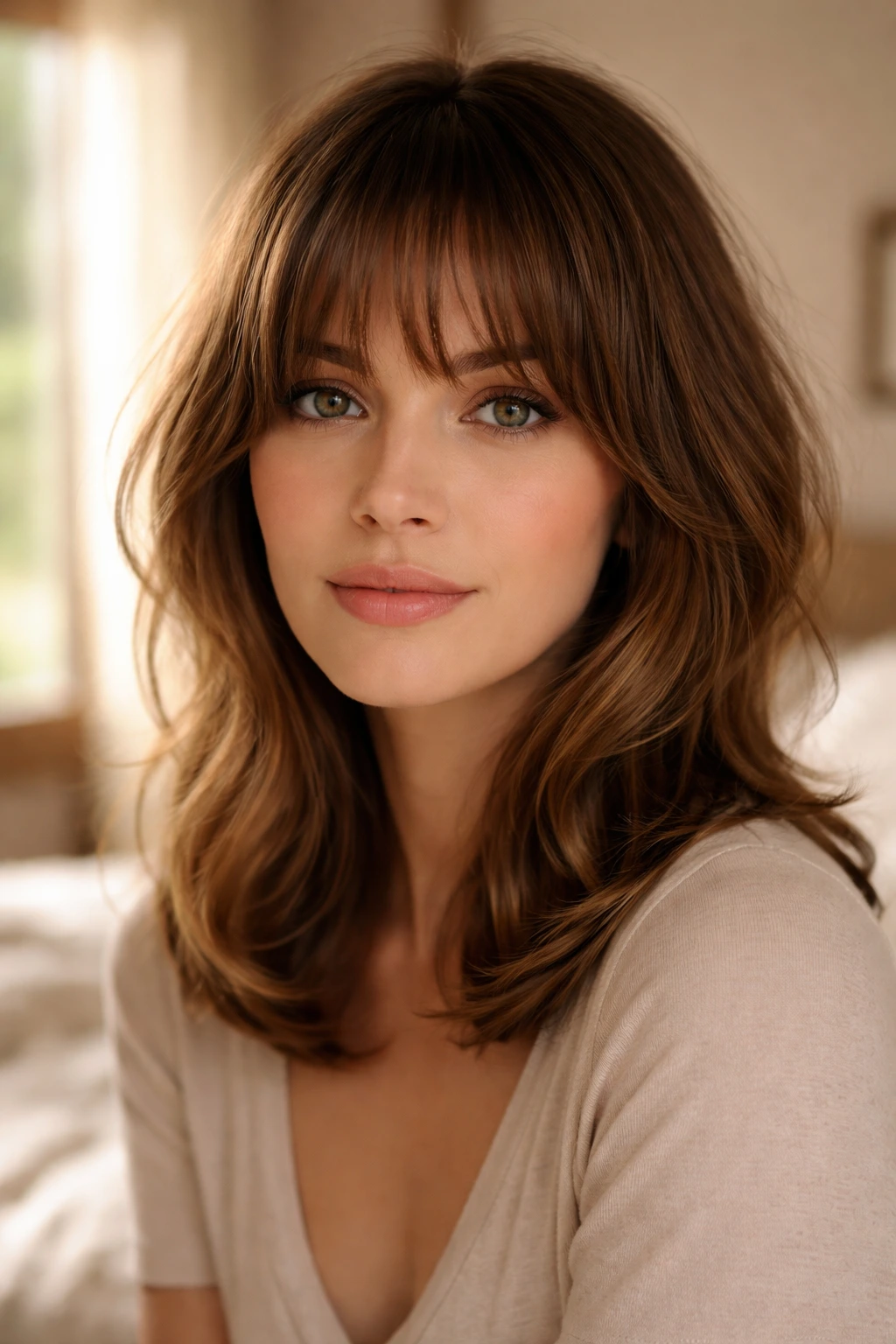 Close-up of a real woman with rounded French fringe framing the eyes