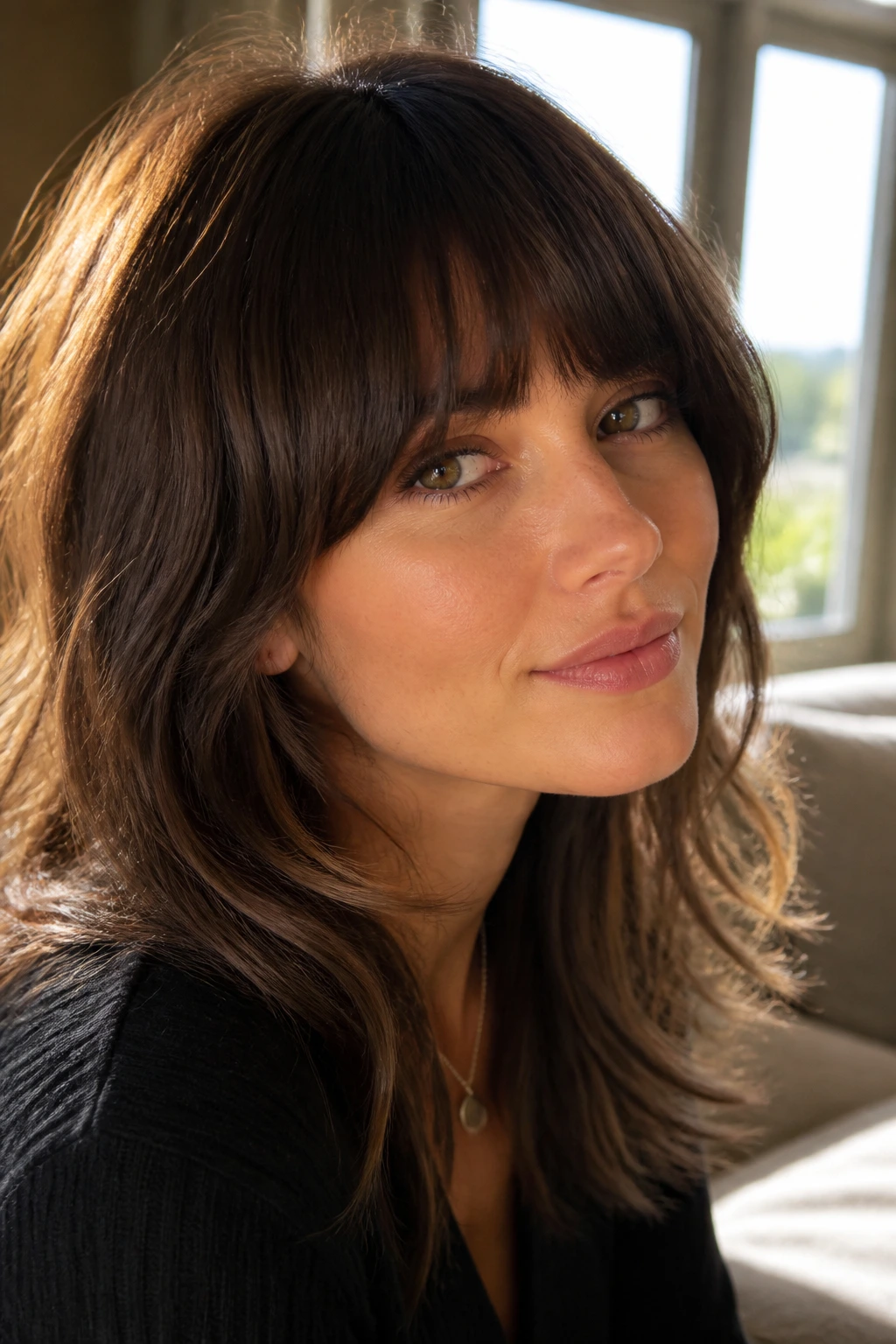 Close-up of rounded fringe with soft corners on a real woman in daylight