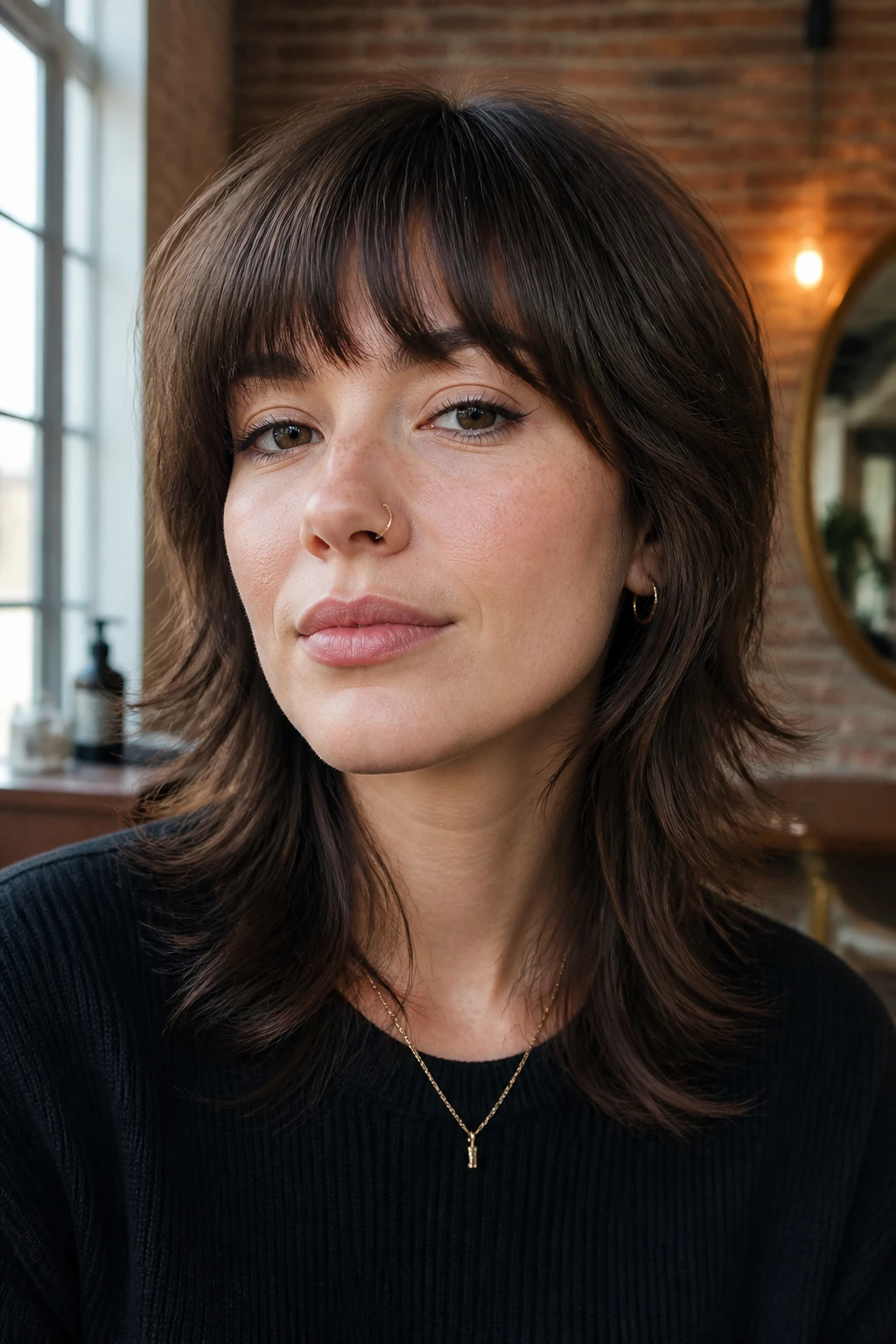 Close-up of a real person with rounded fringe and soft mullet in a sunlit salon