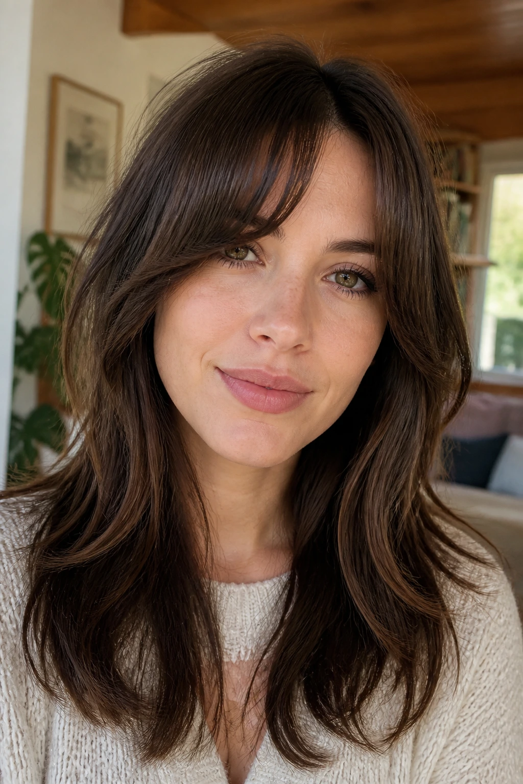 Close-up of a real woman with rounded-corner fringe