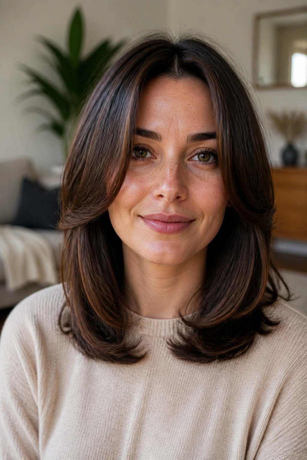 Real woman with rounded front layers and blunt base hairstyle