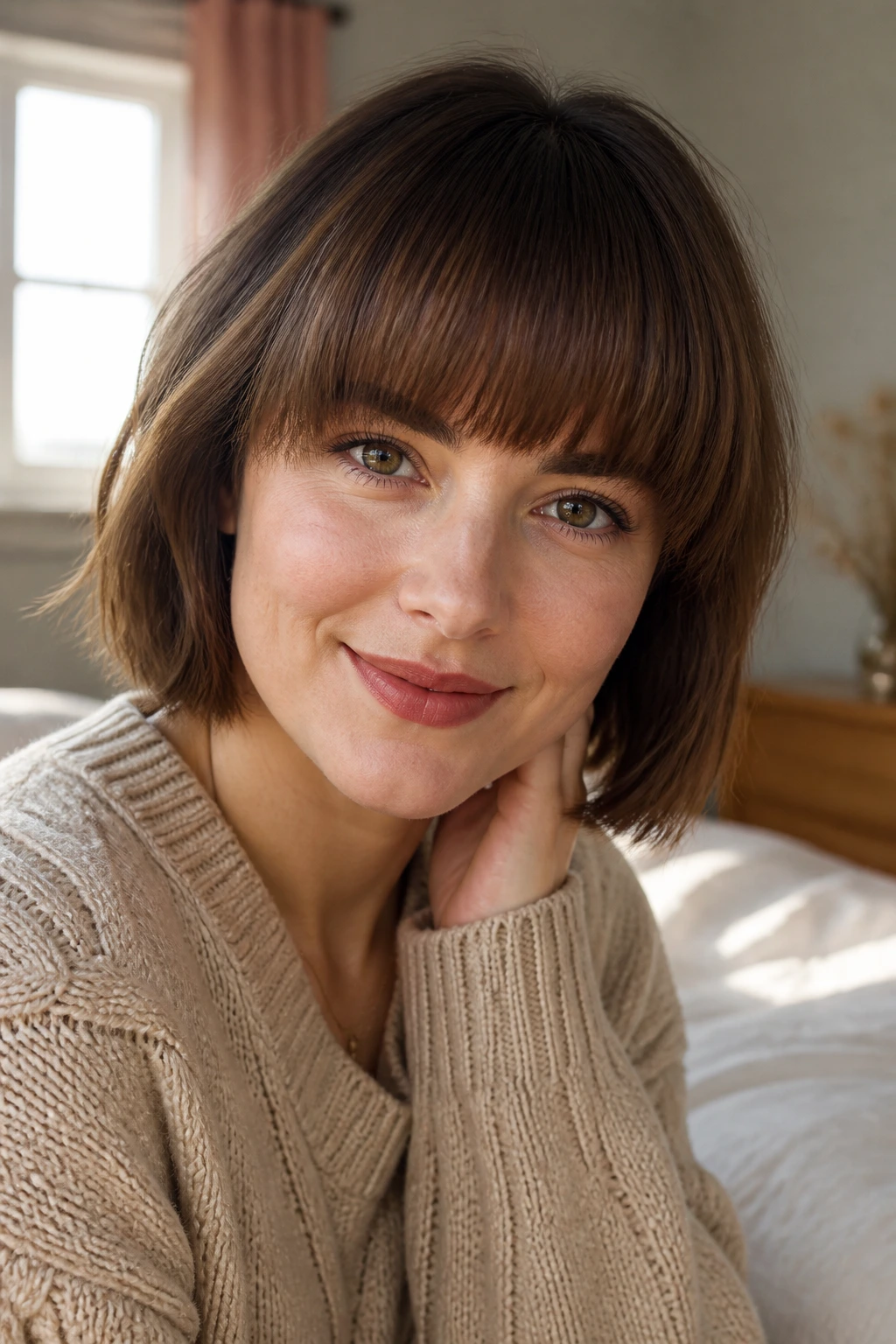 Close-up of a woman with rounded full fringe framing her face