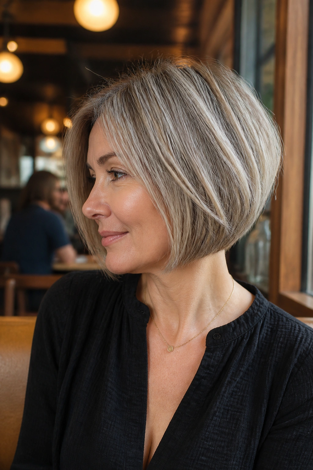 Portrait of a real person with rounded graduated bob in cafe setting