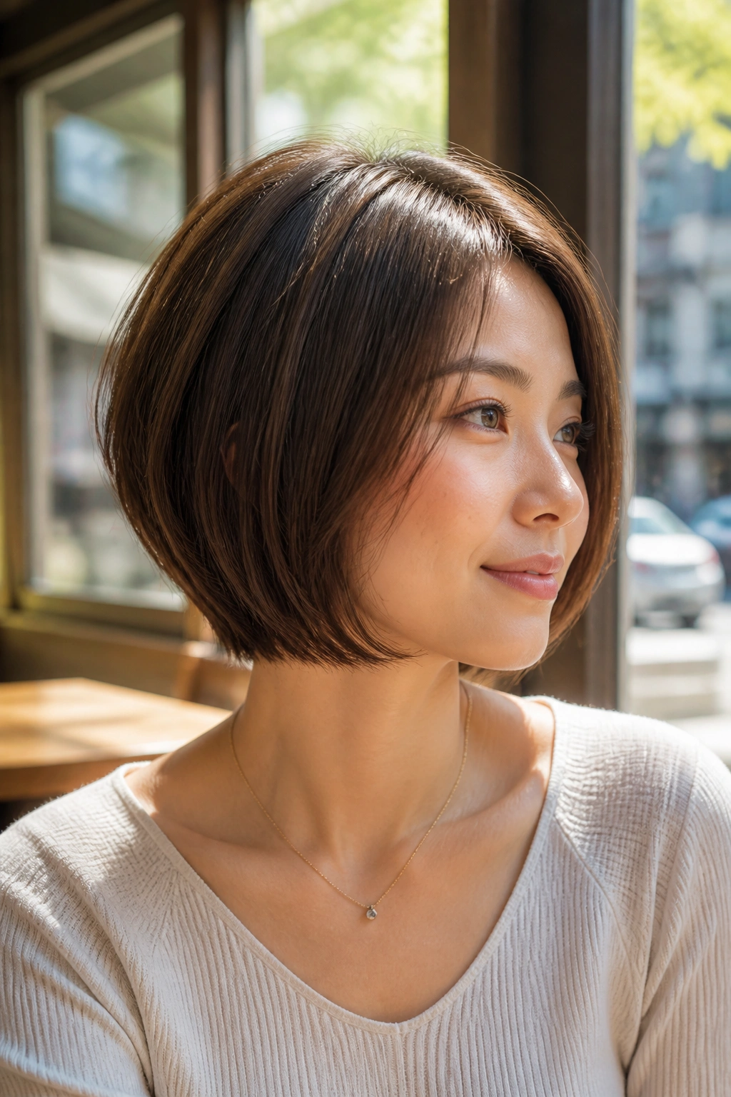 Close-up portrait of a real woman with rounded graduated bob showing curved silhouette