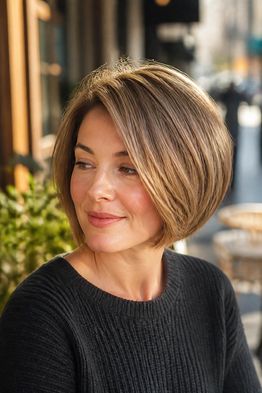 Real woman with rounded graduated bob and side part in street daylight