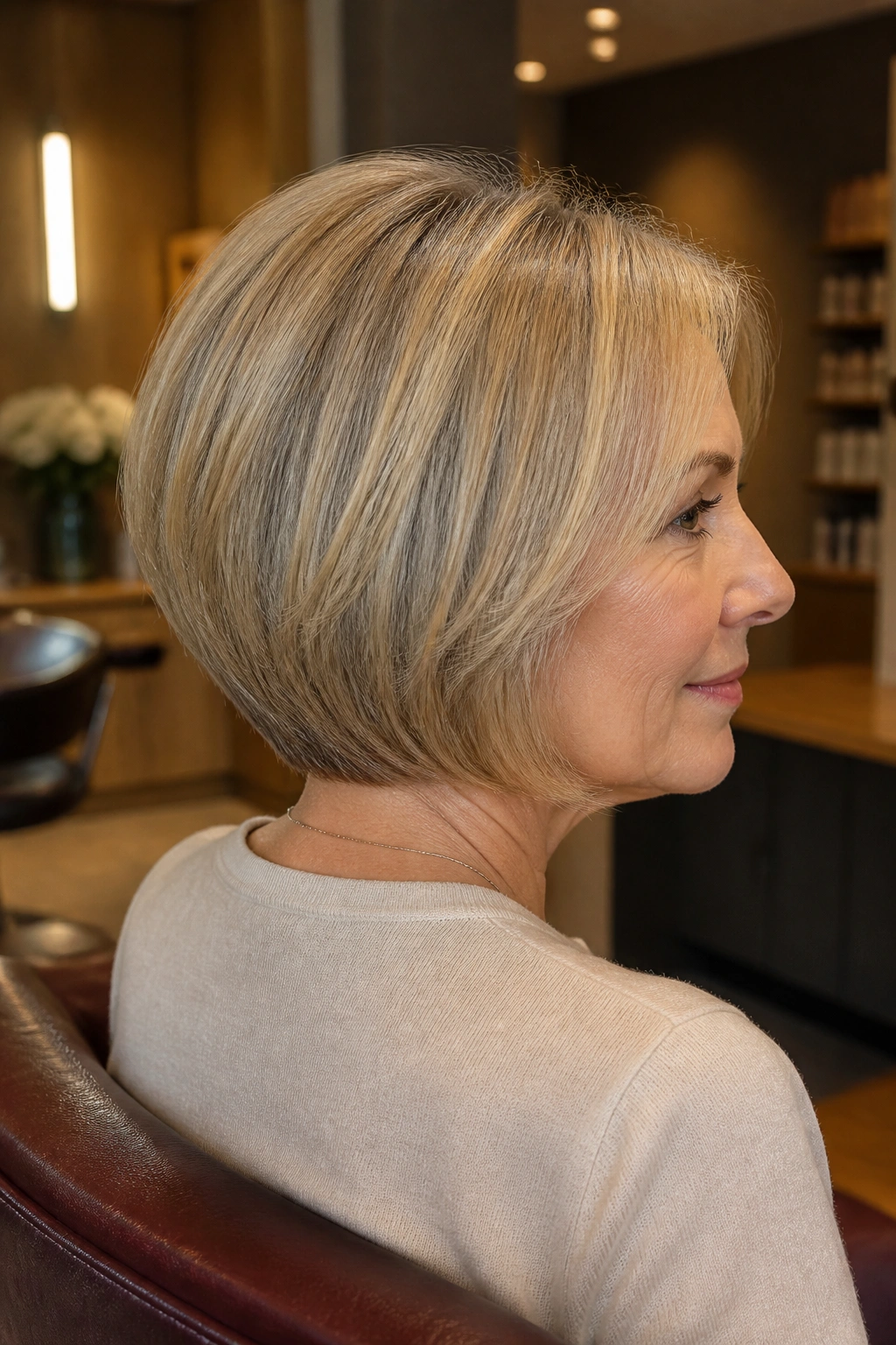 Real woman with rounded graduated bob showing lifted back silhouette.