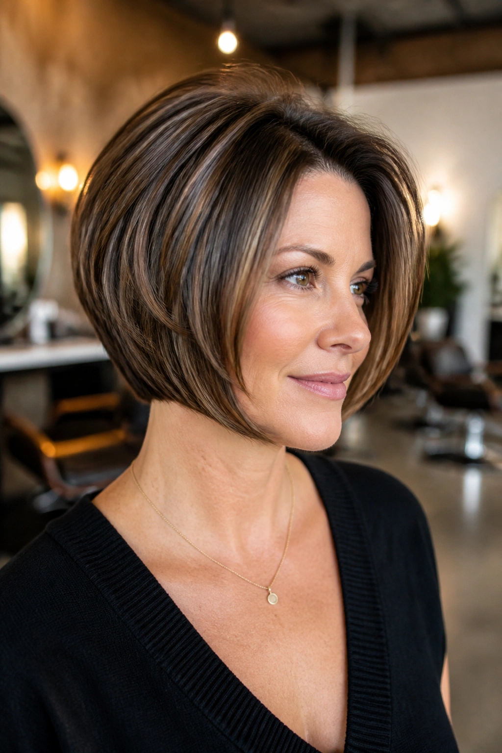 Close-up of a real woman with rounded inverted bob and carved layers