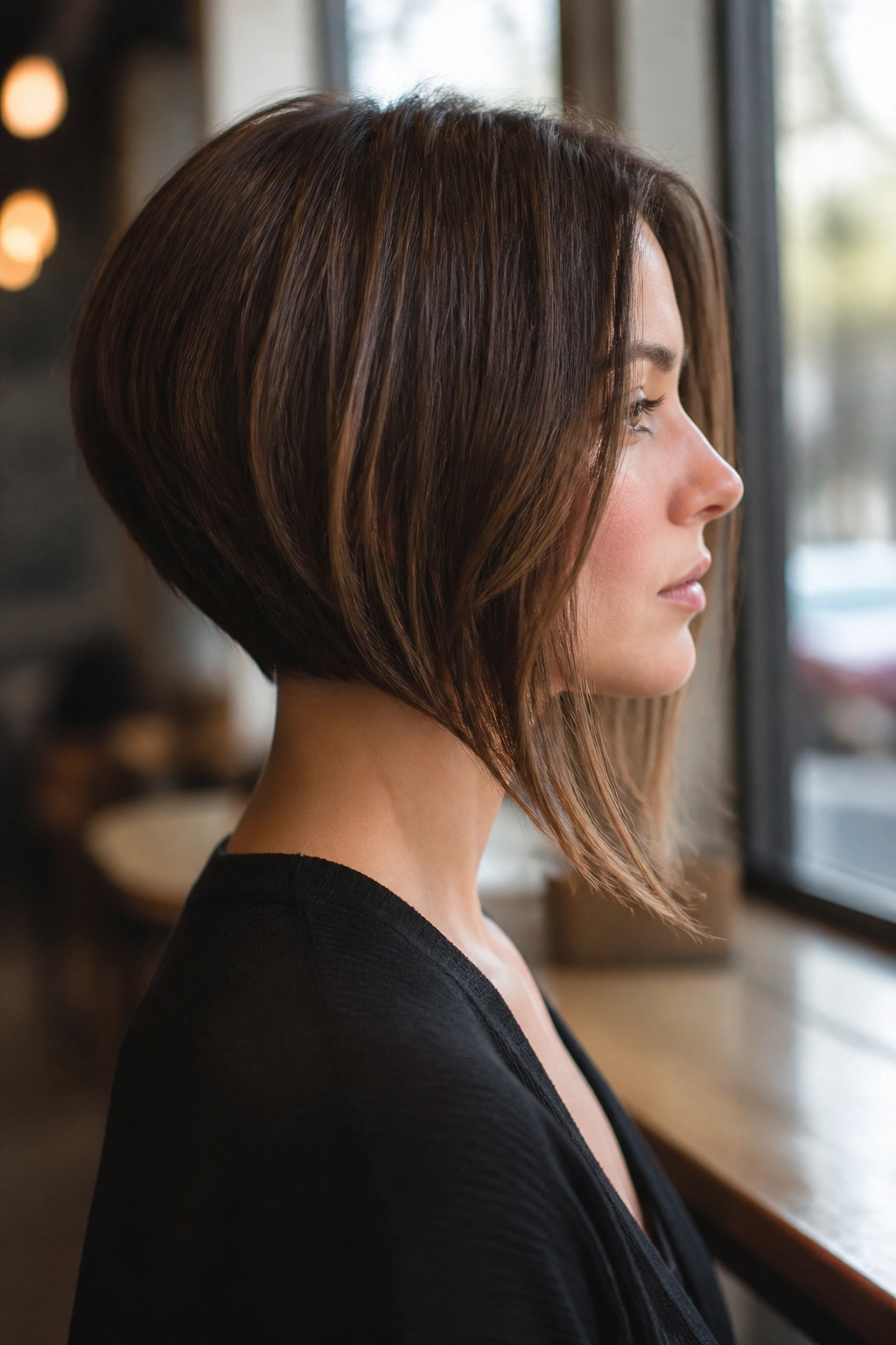 Profile portrait of a real woman with a rounded inverted bob and longer front pieces near the chin