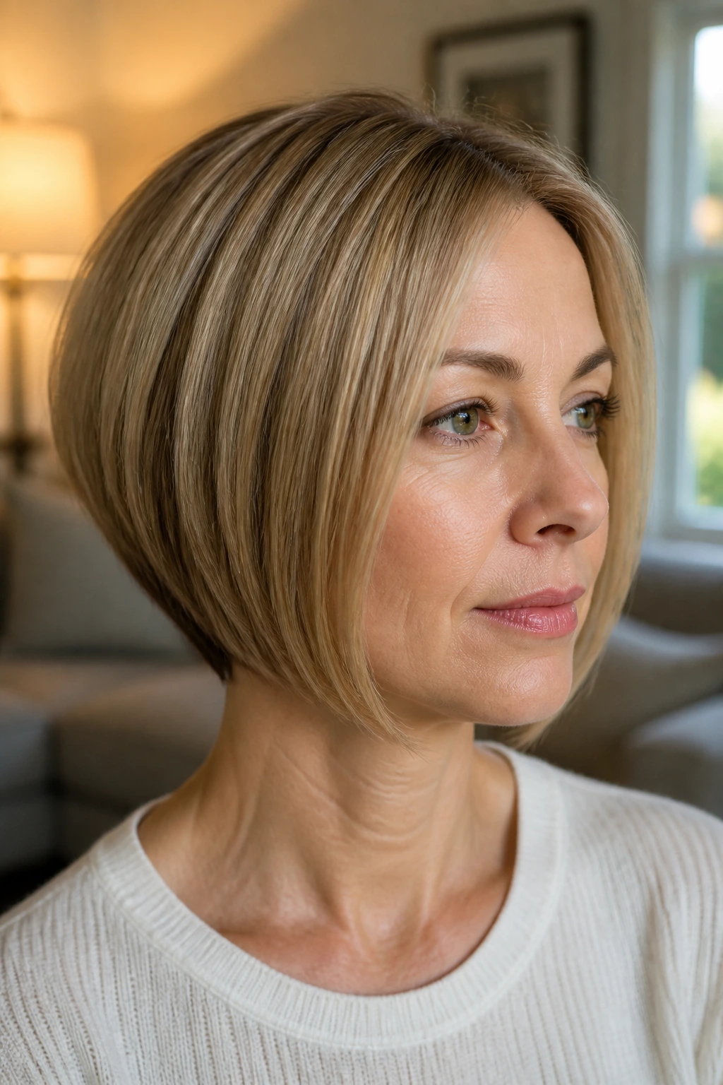 Close-up portrait of real woman with rounded inverted bob for straight fine hair