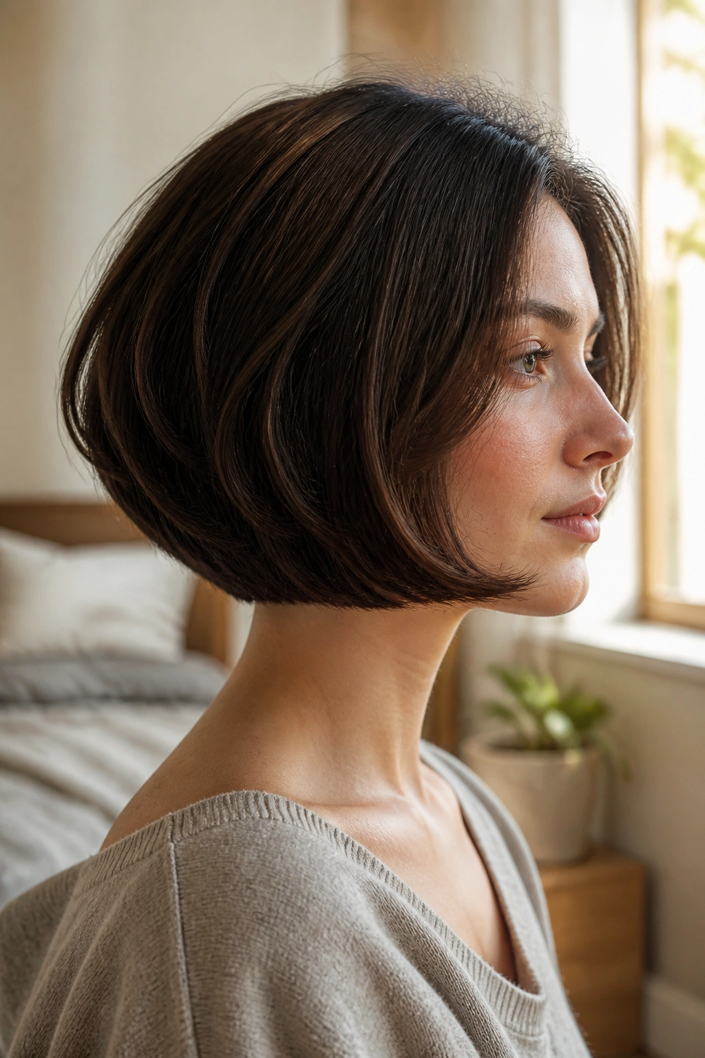Close-up of a real woman with a rounded Italian bob and chin-length curve.