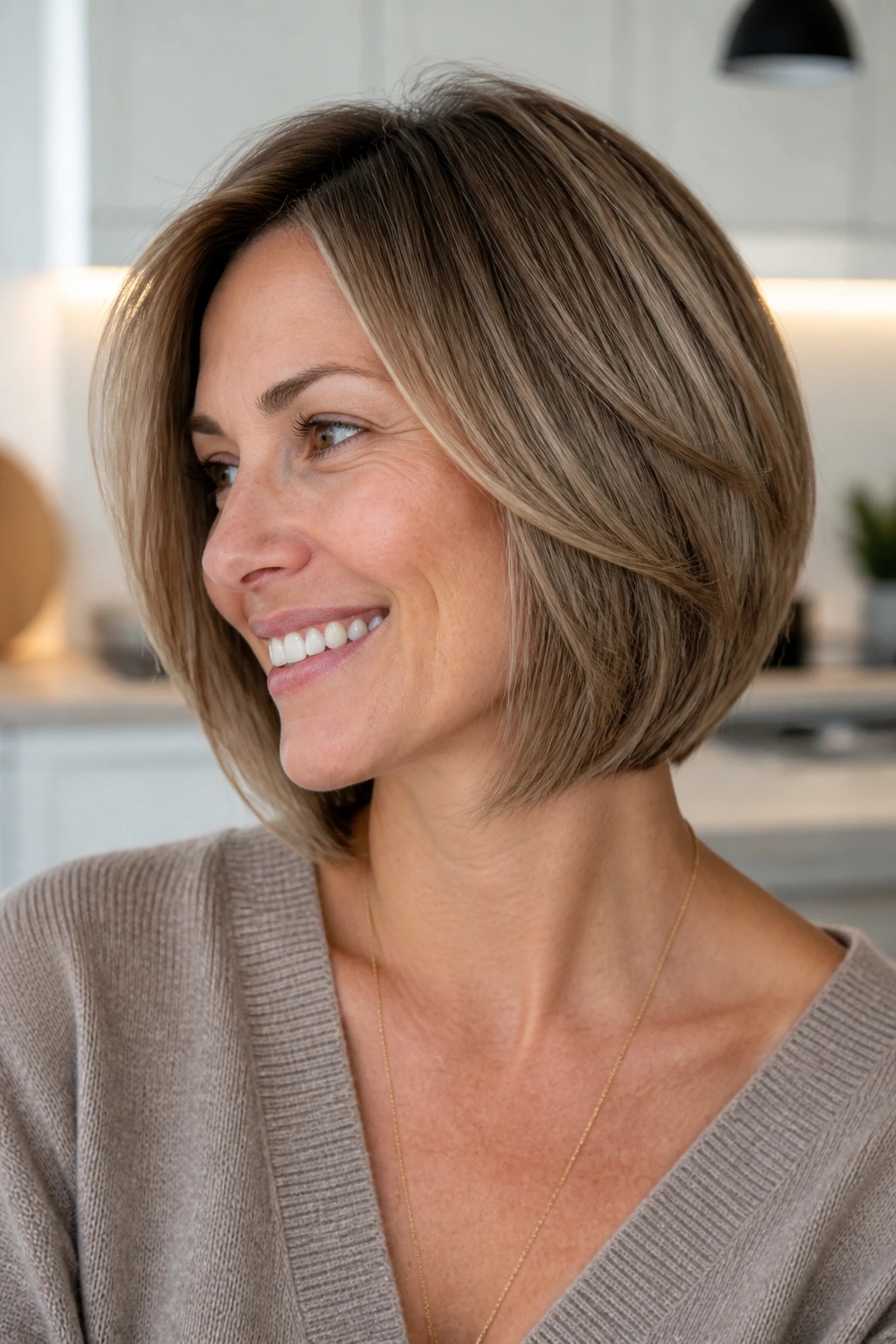 Close-up of rounded layered bob with side part on a real person in natural light