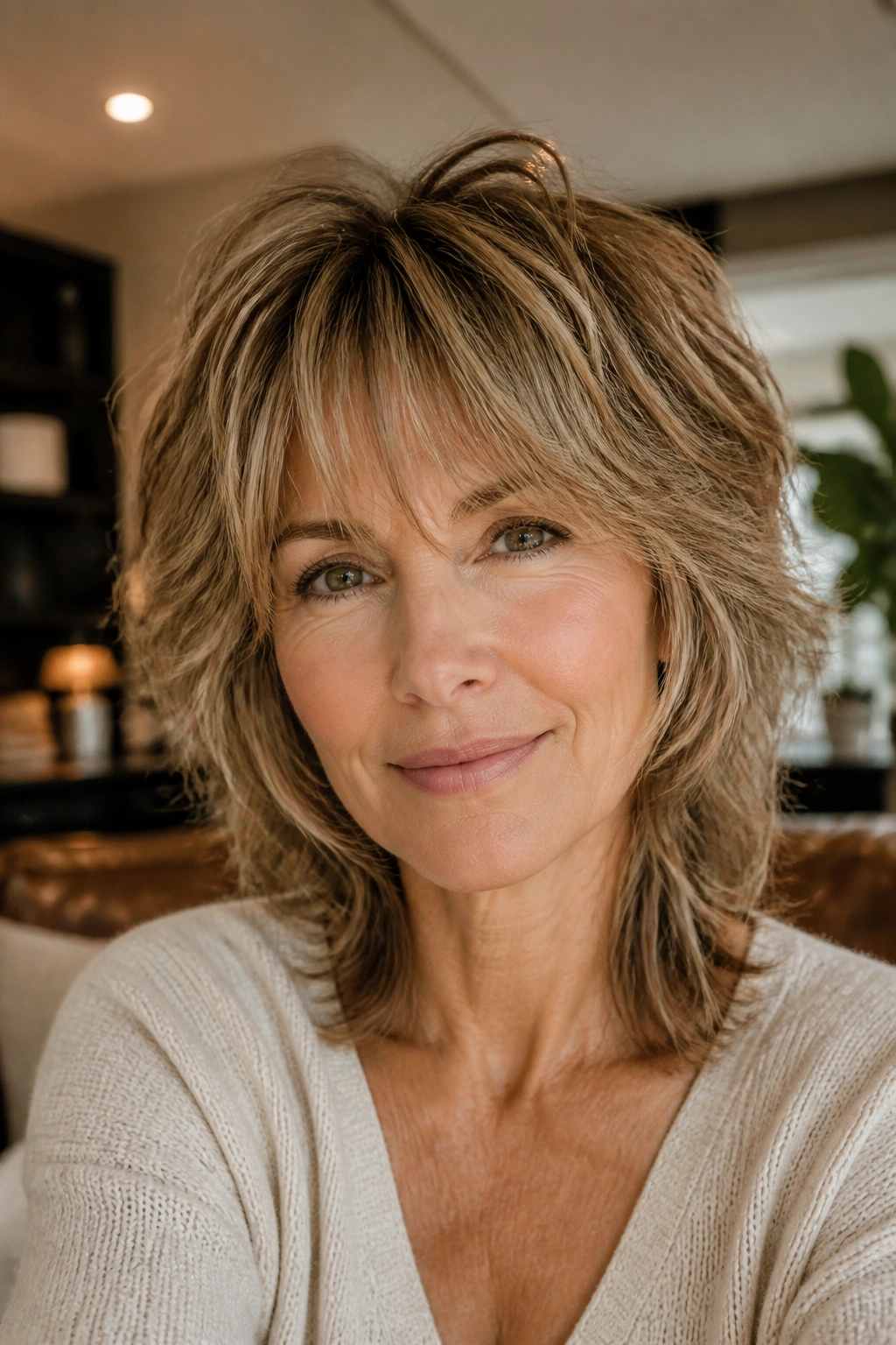 Portrait of a person with rounded layered shag showing plush rounded silhouette