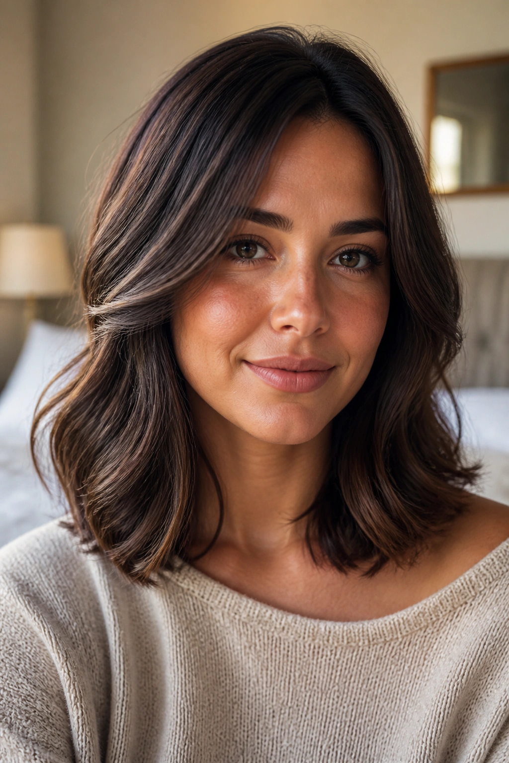 Close-up of brunette rounded-layer haircut with soft silhouette around face