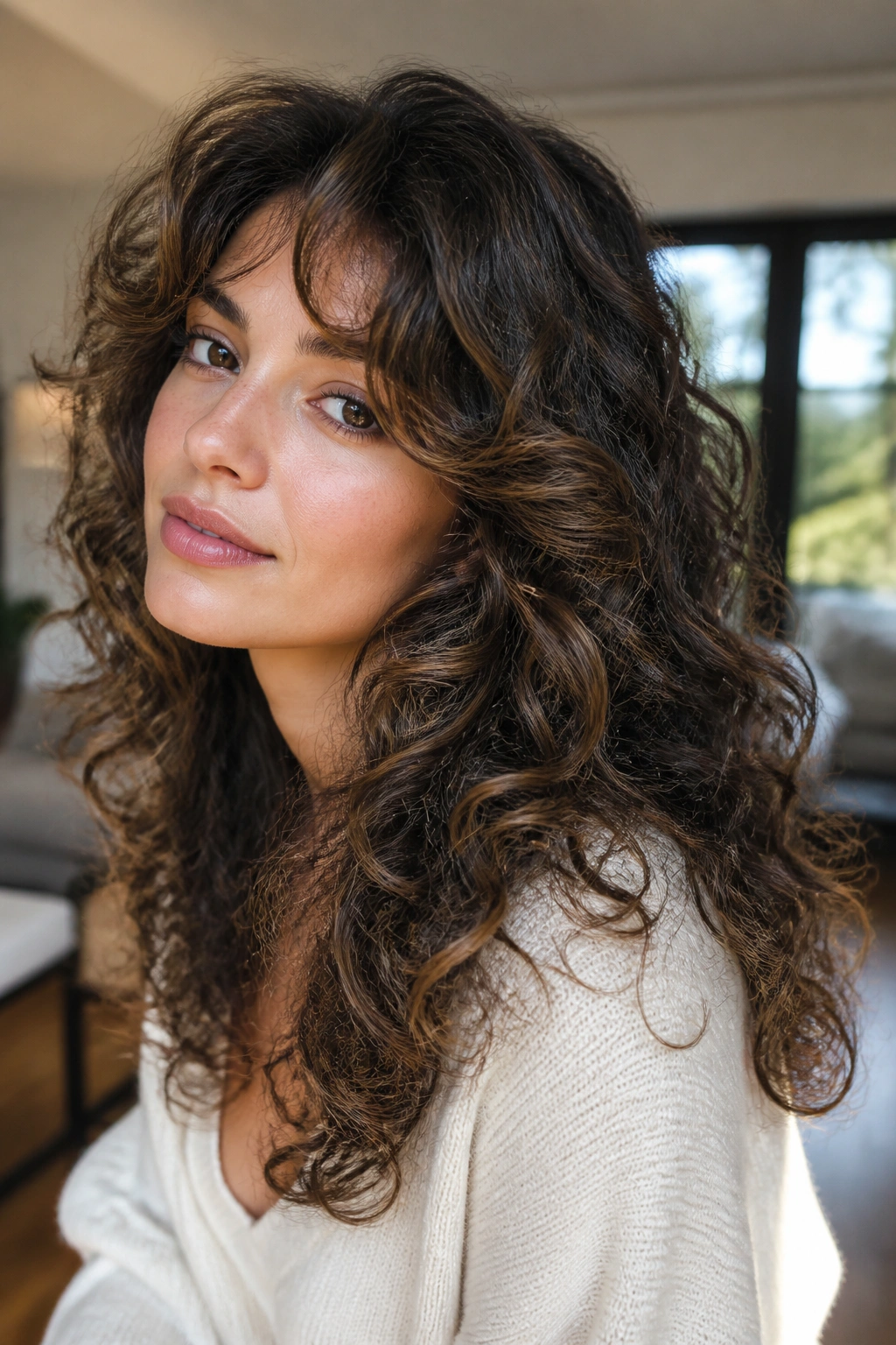 Close-up portrait of a real woman showing long rounded layered curls in natural window light