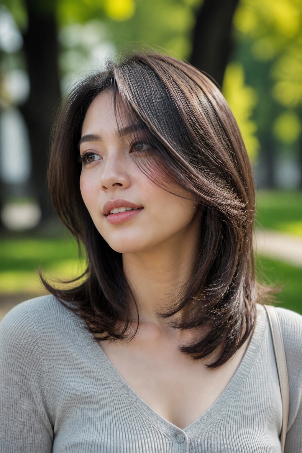 Real woman with rounded layers and diagonal movement