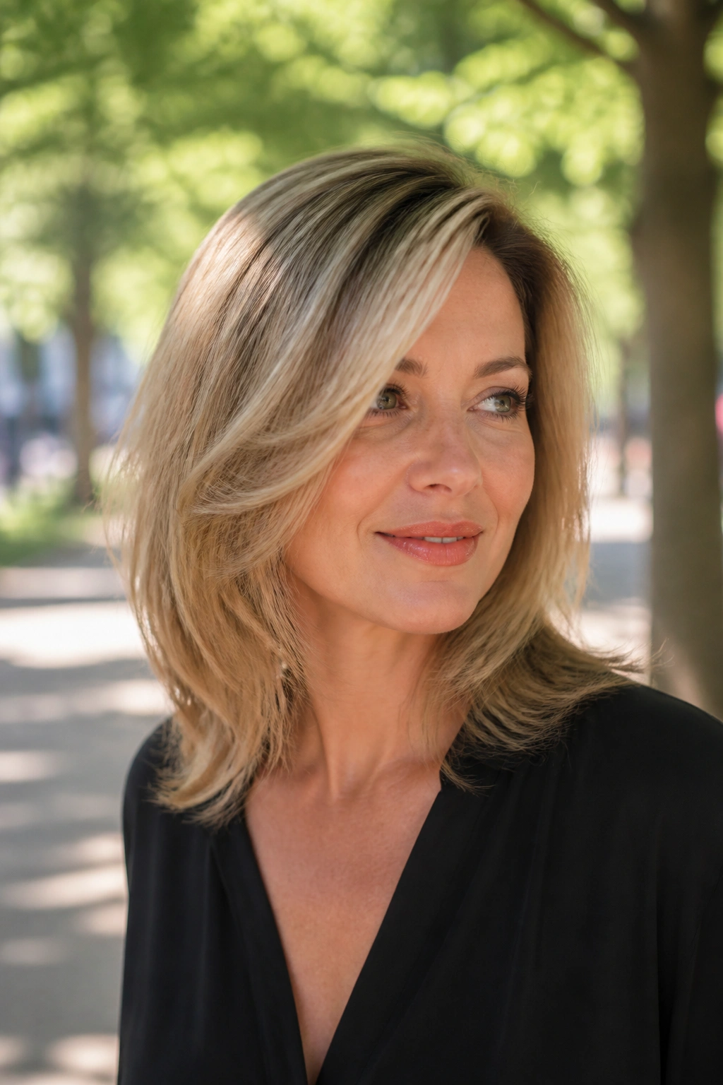 Real person portrait with rounded layers and side part in outdoor sunlight