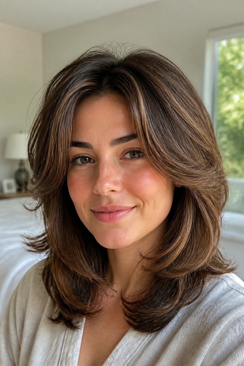 Real woman with rounded layers creating a soft halo in natural light