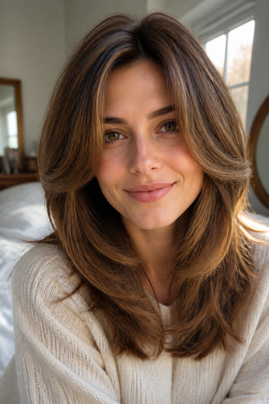 Close-up of a real person with rounded layered hair forming a full, polished silhouette in warm window light