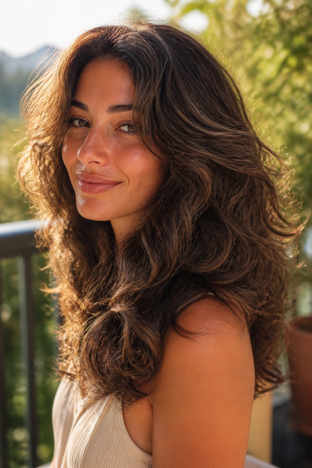 Portrait of a real woman with rounded layers on thick waves creating a soft arc around the head